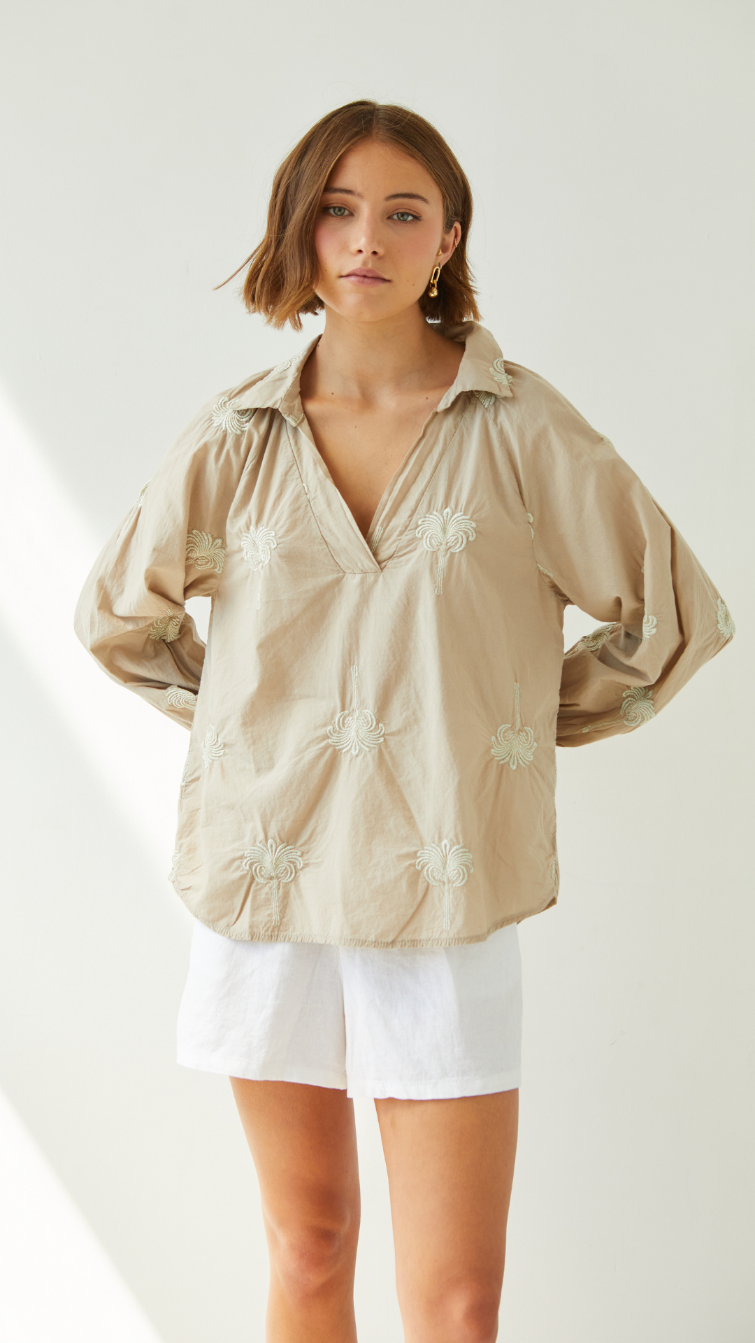 Mirelle Embroidered Top - Light Taupe