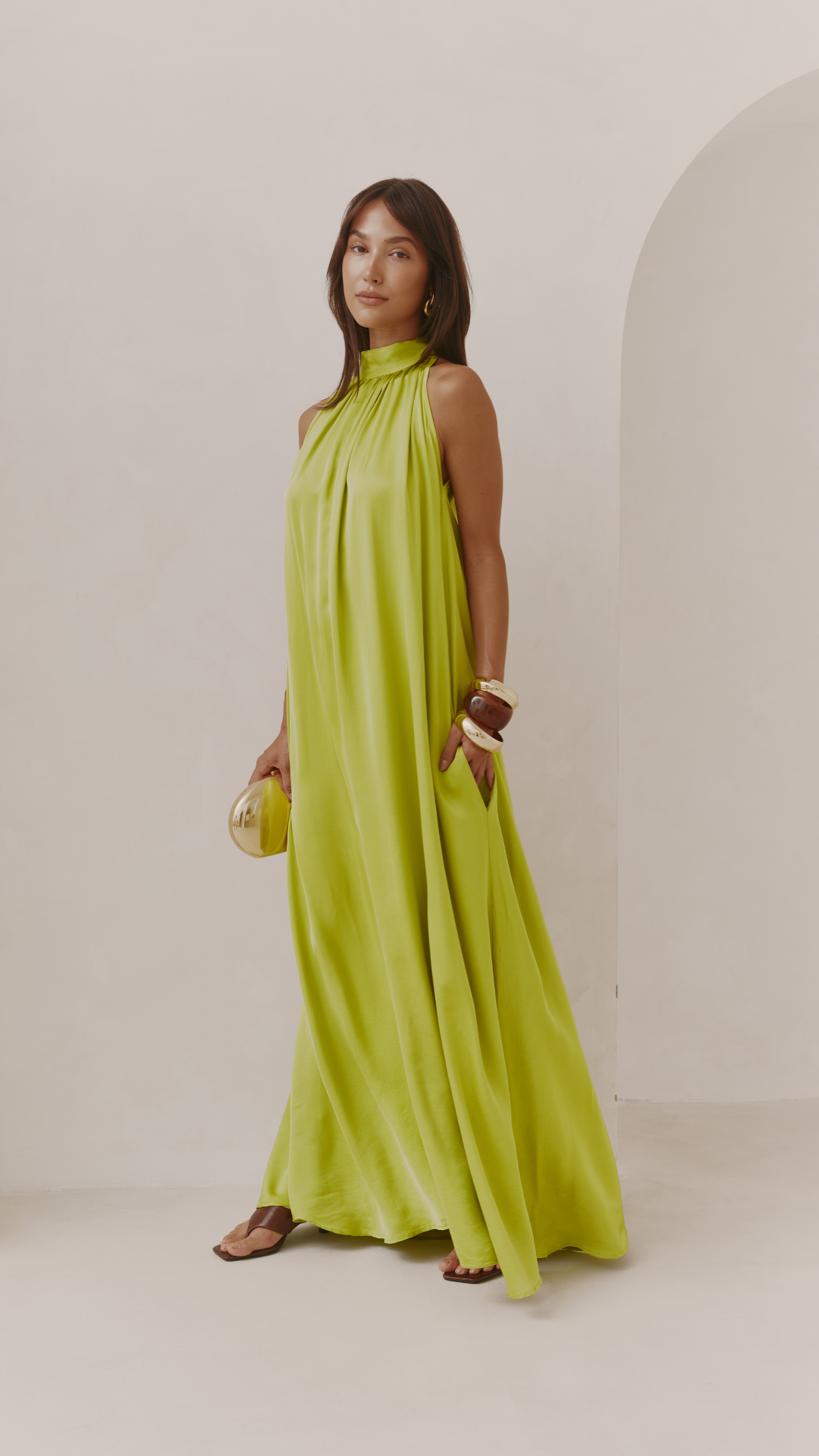 Everly Column Satin Dress - Chartreuse