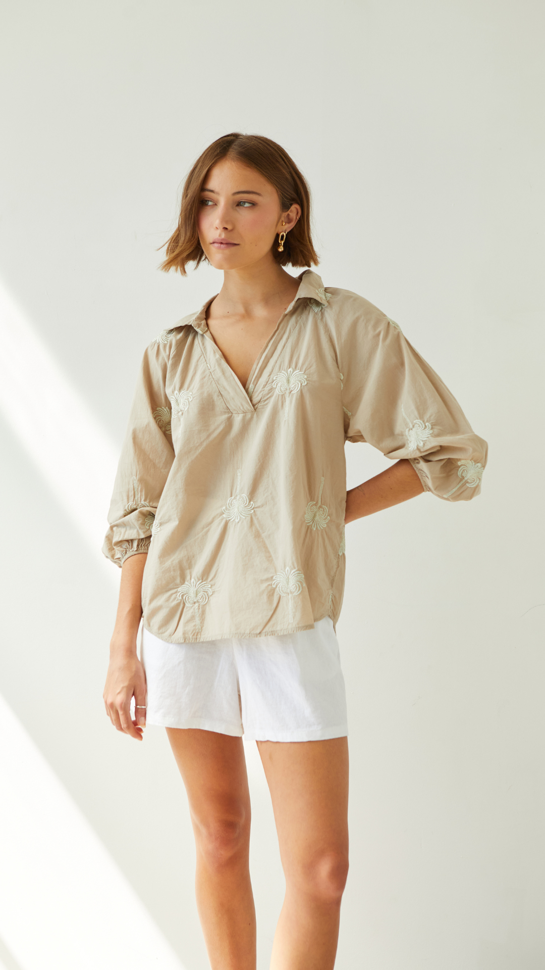 Mirelle Embroidered Top - Light Taupe