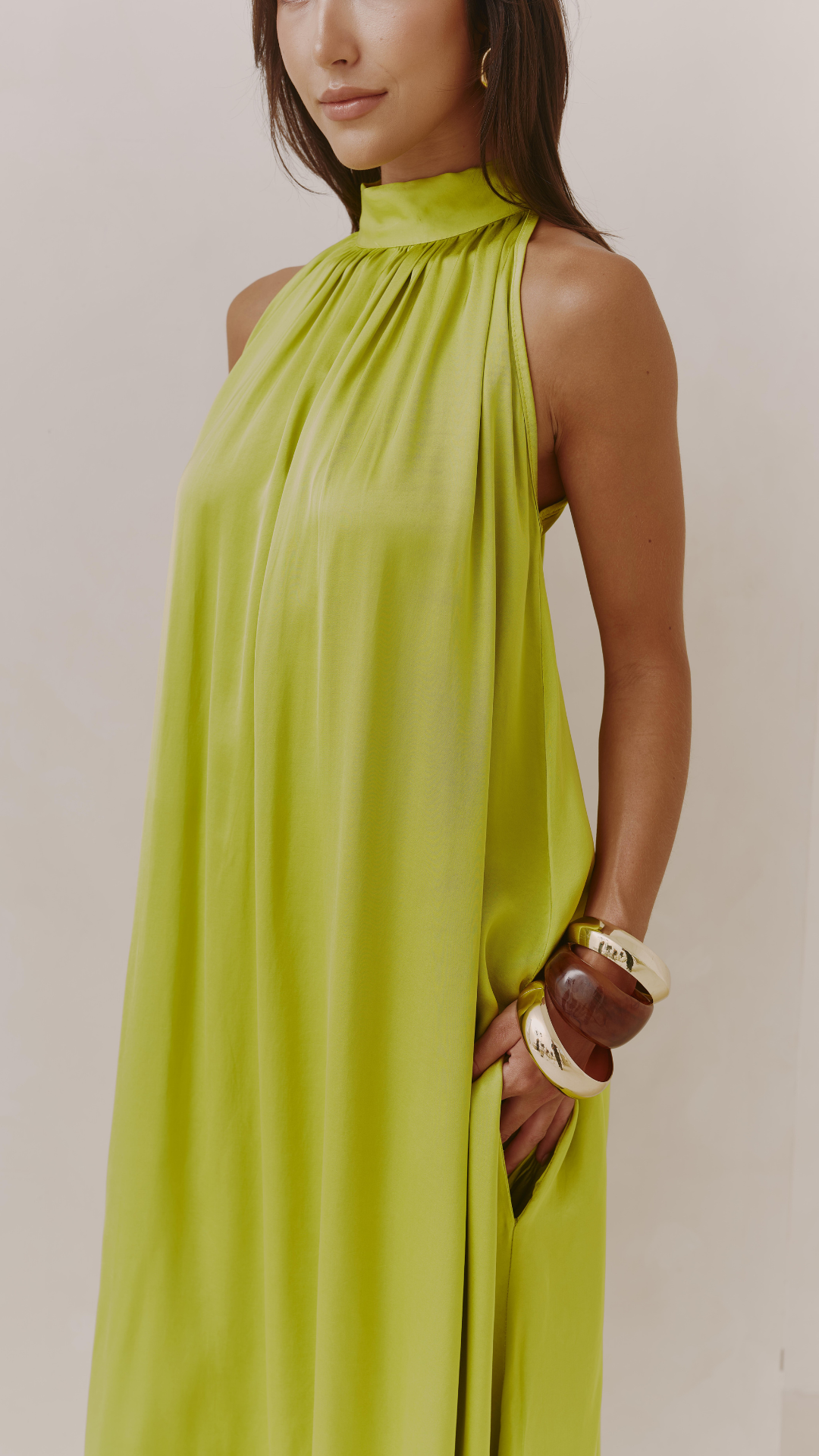Everly Column Satin Dress - Chartreuse
