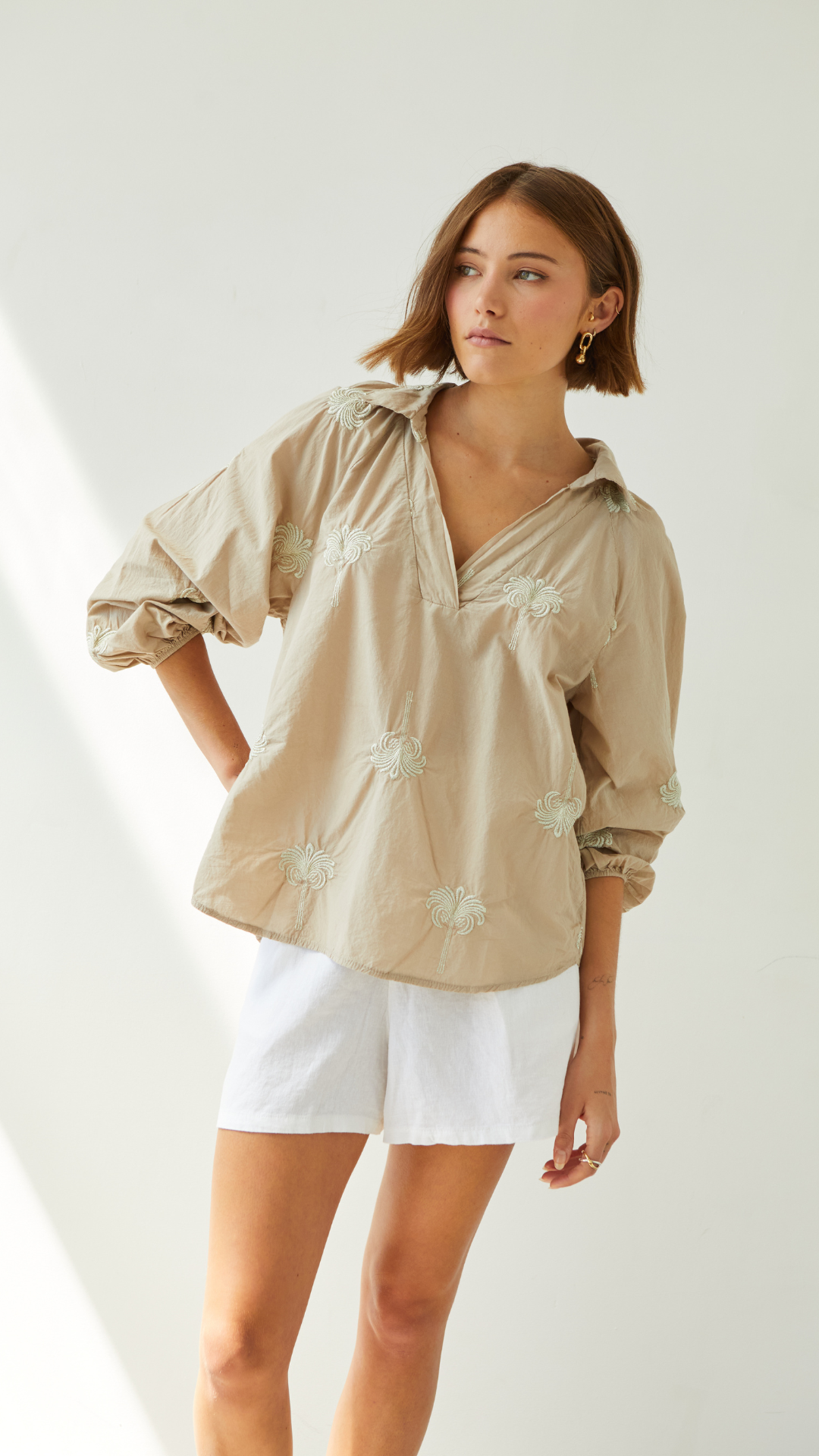Mirelle Embroidered Top - Light Taupe