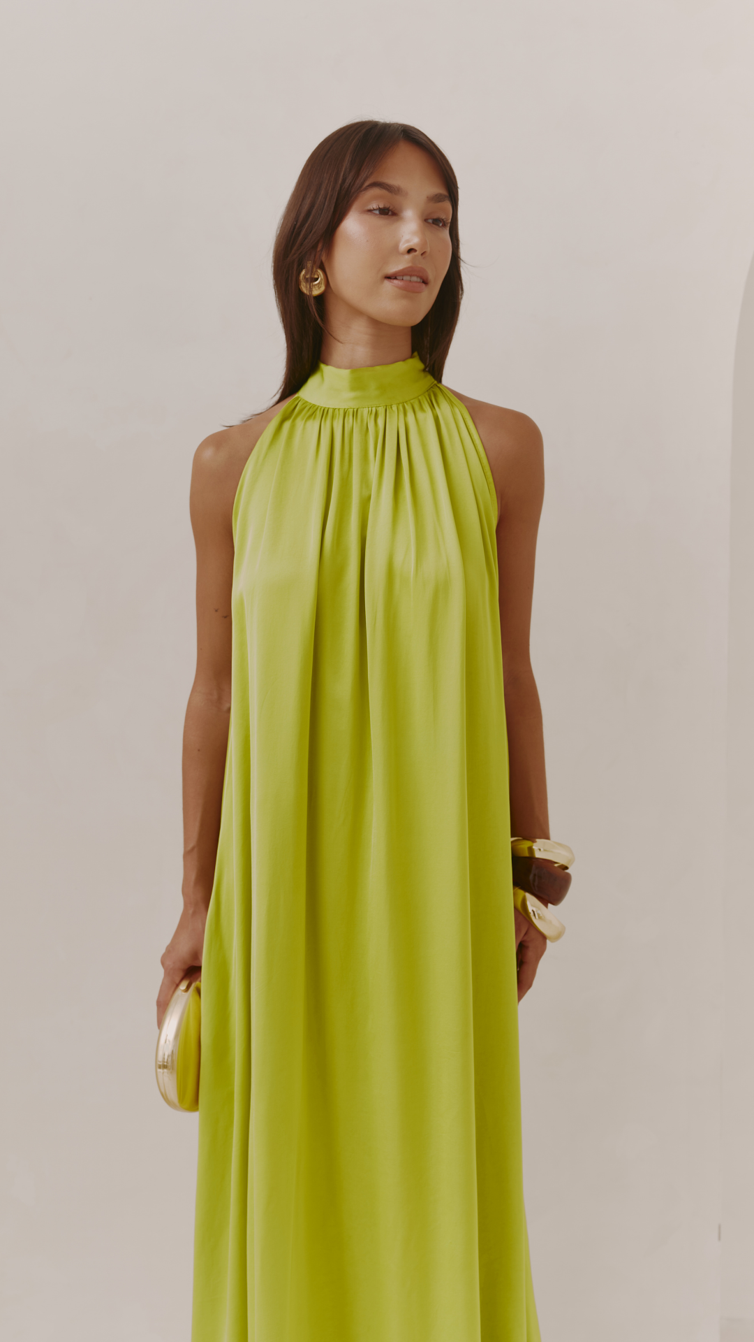 Everly Column Satin Dress - Chartreuse