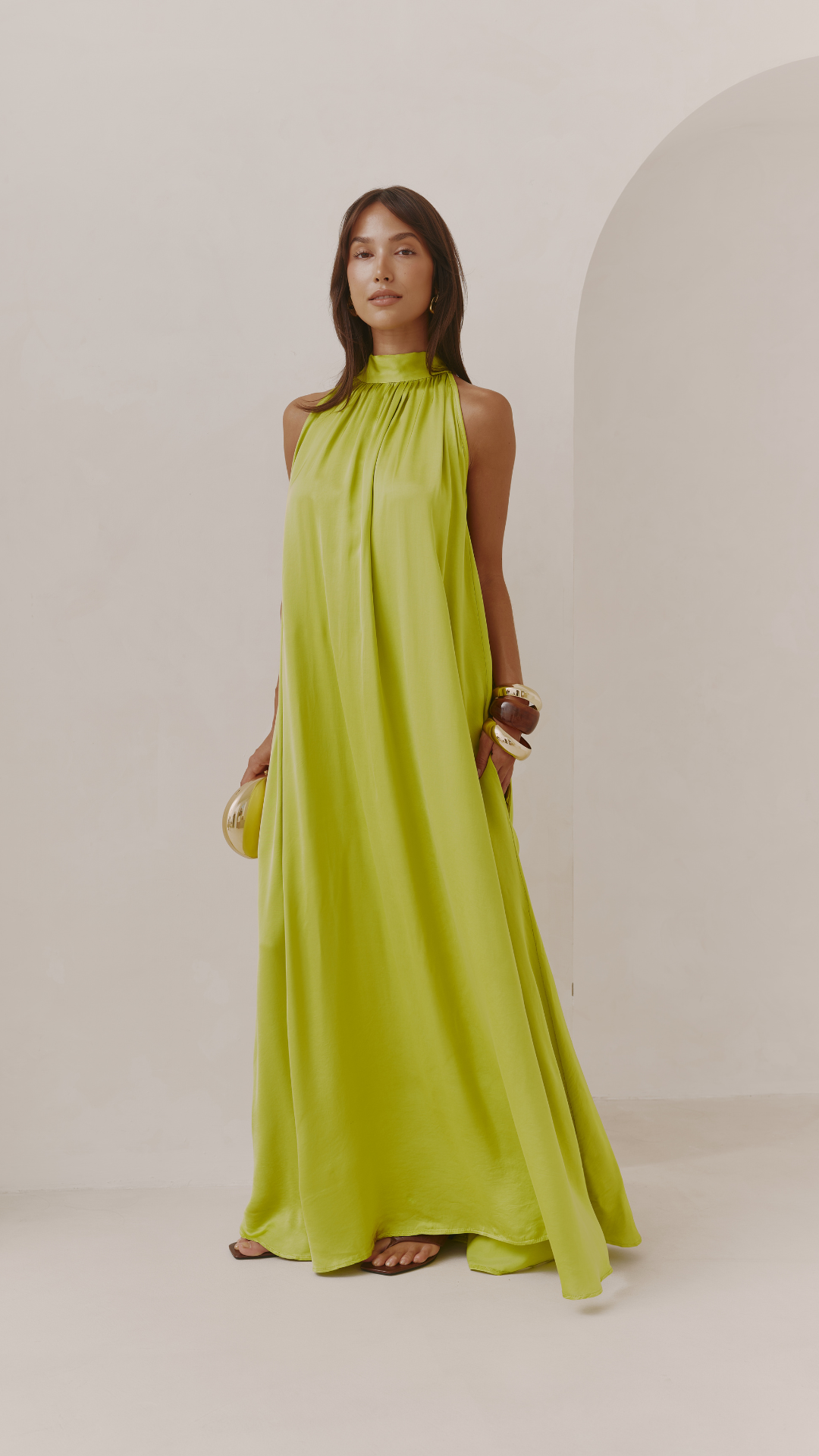 Everly Column Satin Dress - Chartreuse