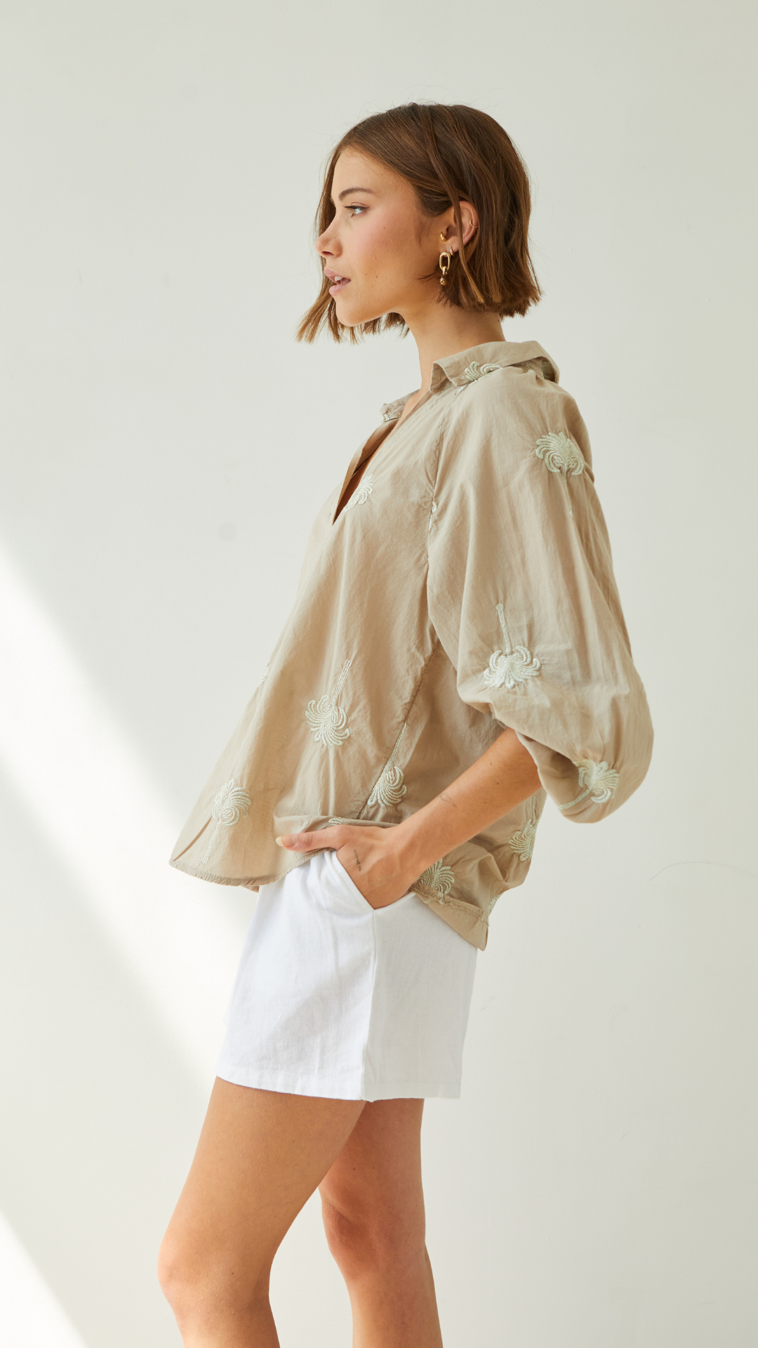 Mirelle Embroidered Top - Light Taupe