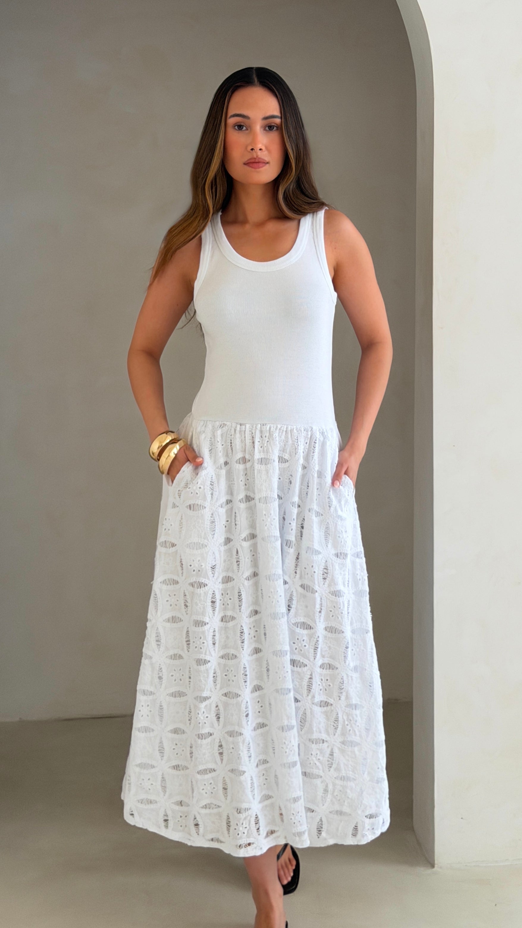 Melanie Broderie Dress - White