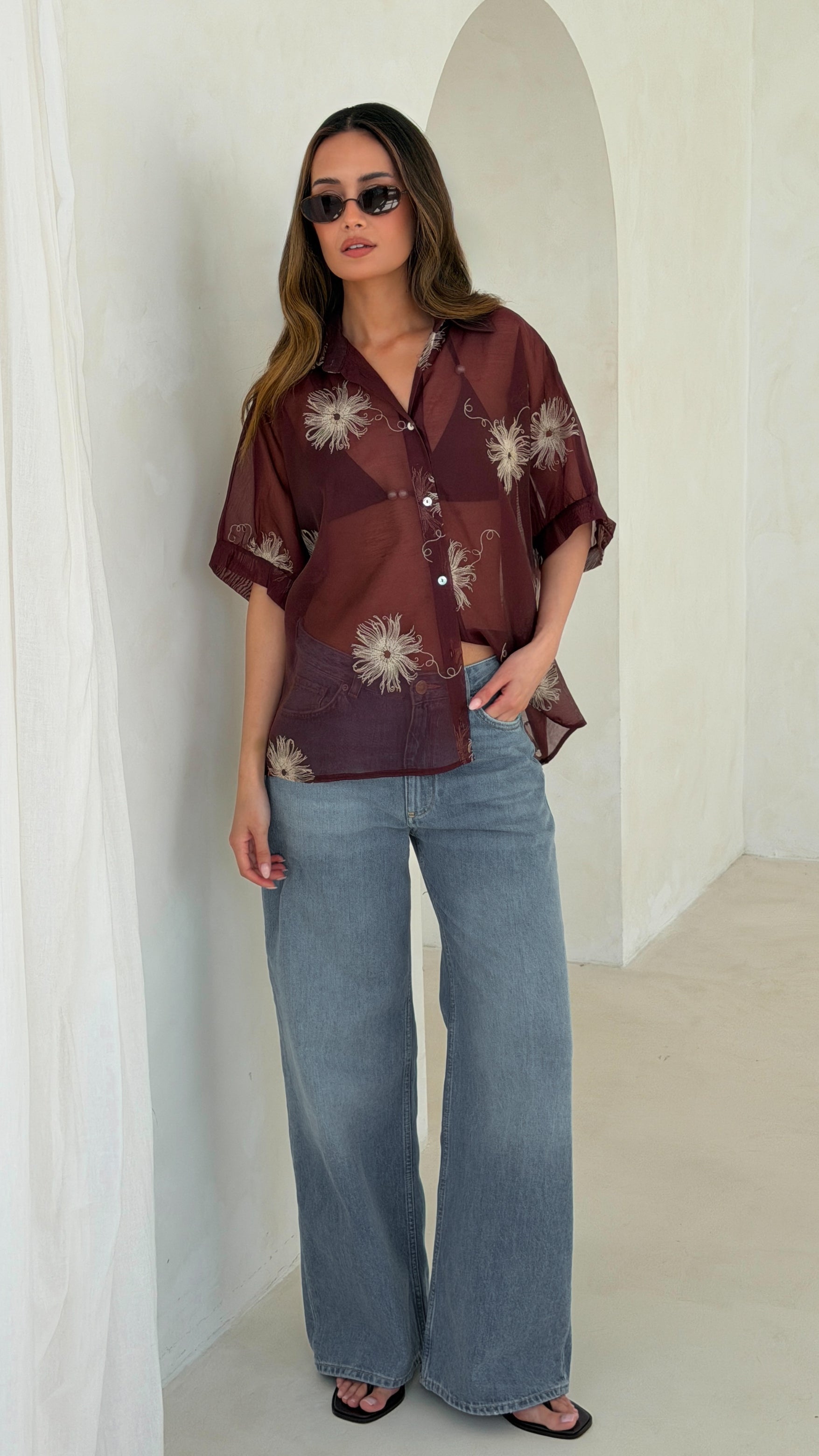 Rosie Embroidered Shirt - Burgundy