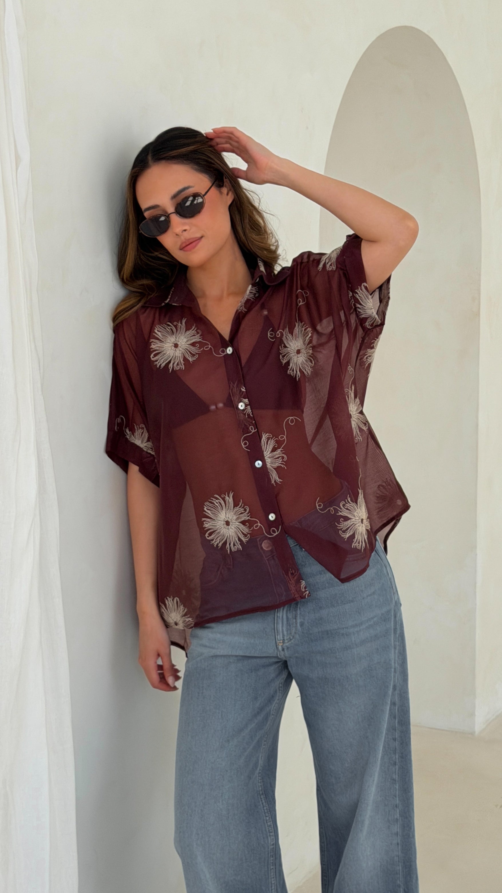 Rosie Embroidered Shirt - Burgundy