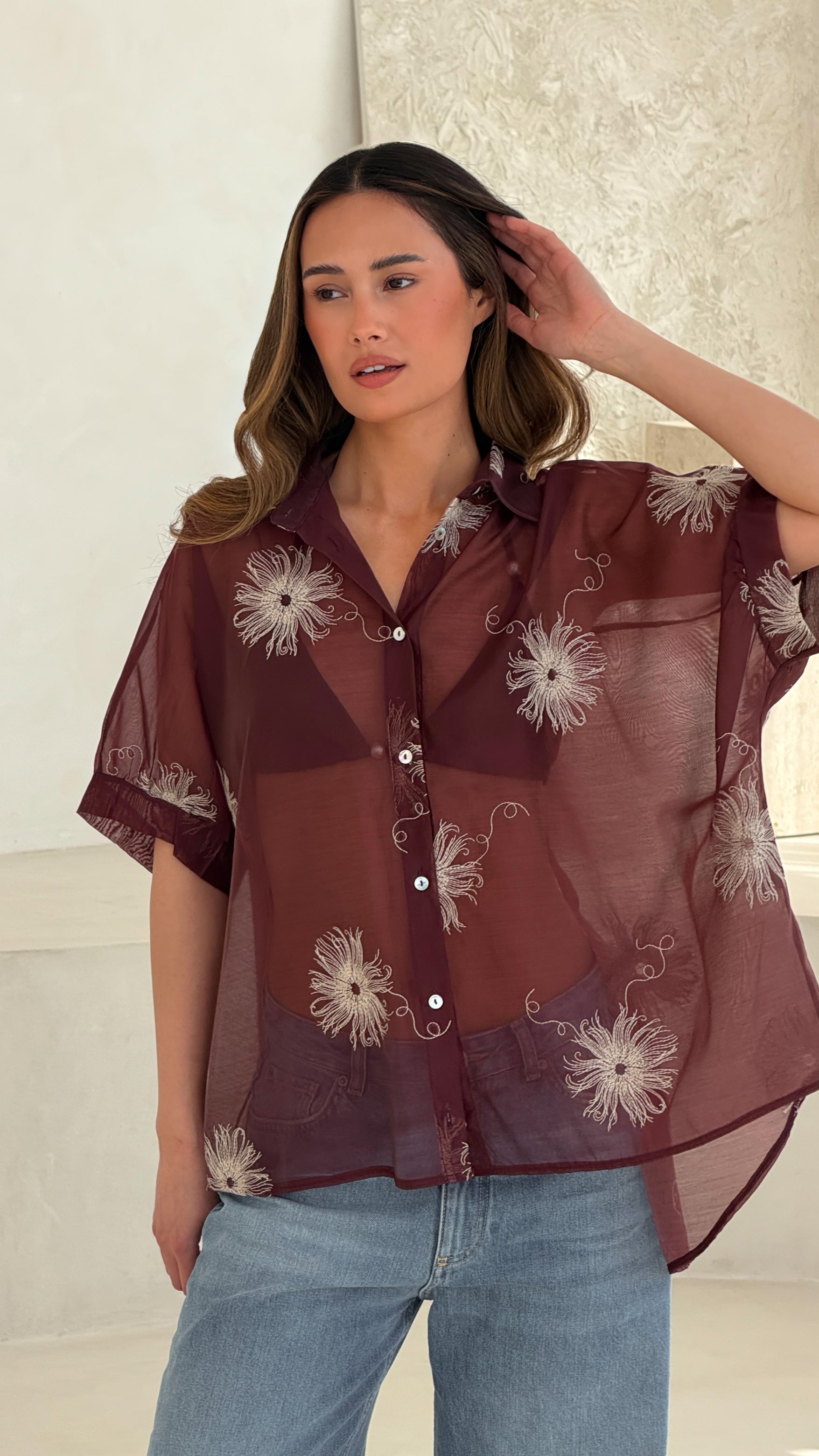 Rosie Embroidered Shirt - Burgundy