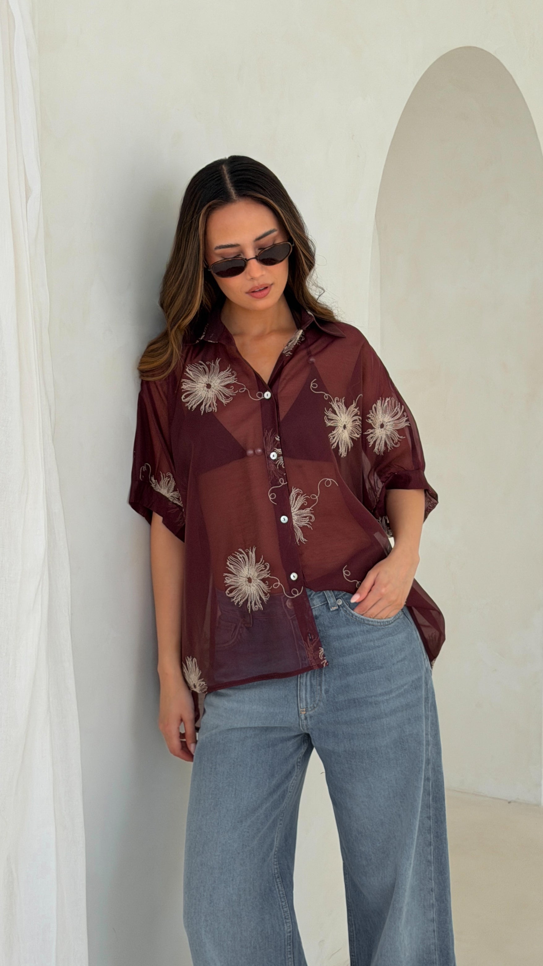 Rosie Embroidered Shirt - Burgundy