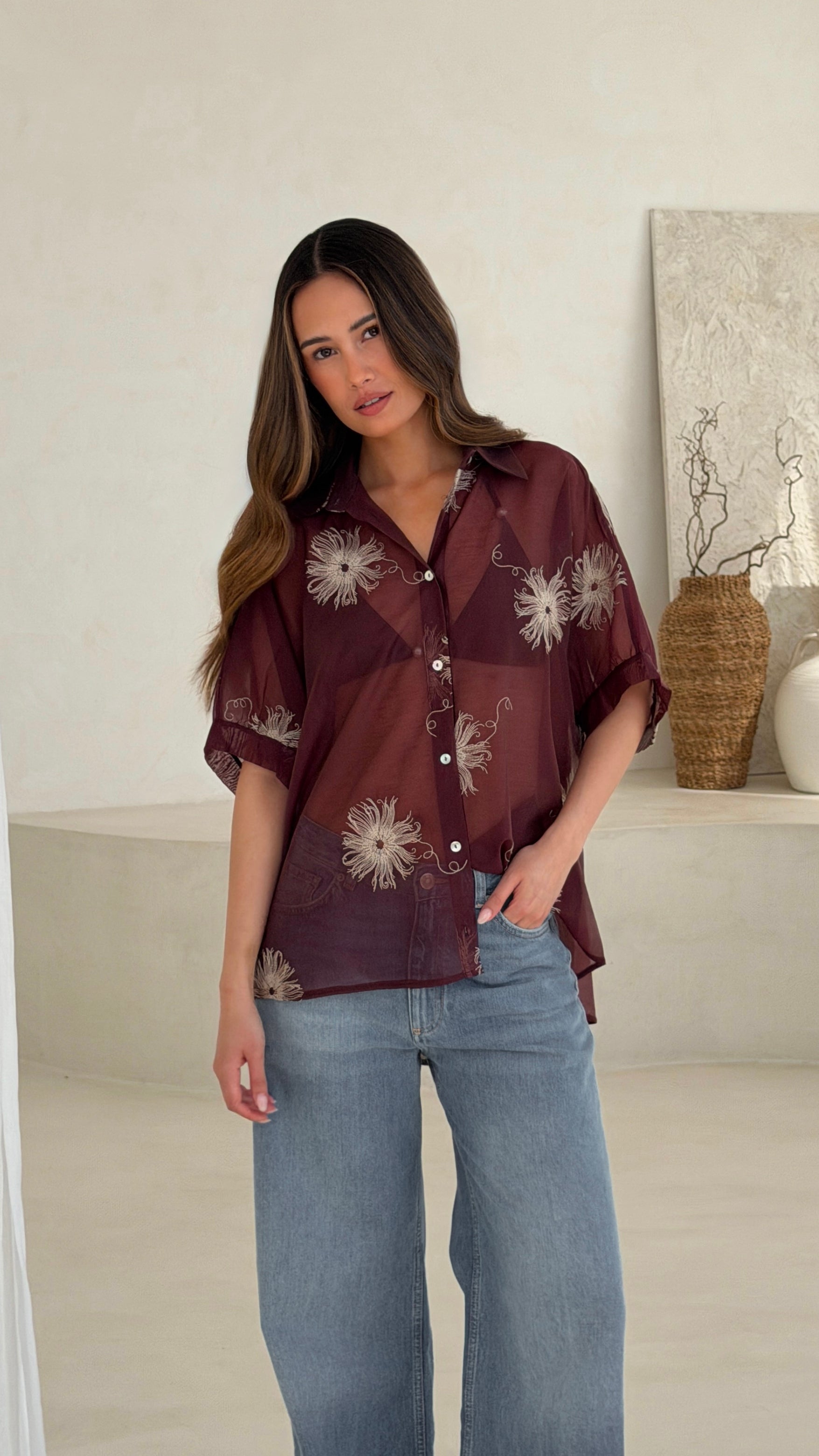 Rosie Embroidered Shirt - Burgundy