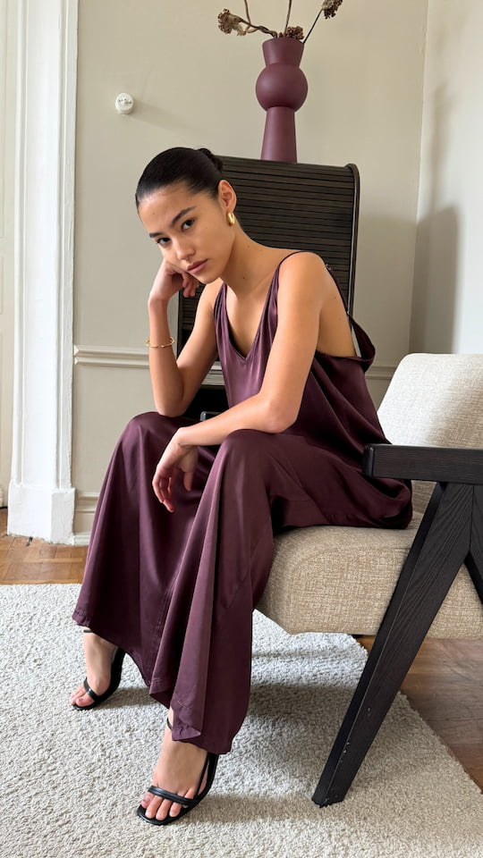 Natalie Satin Jumpsuit - Burgundy