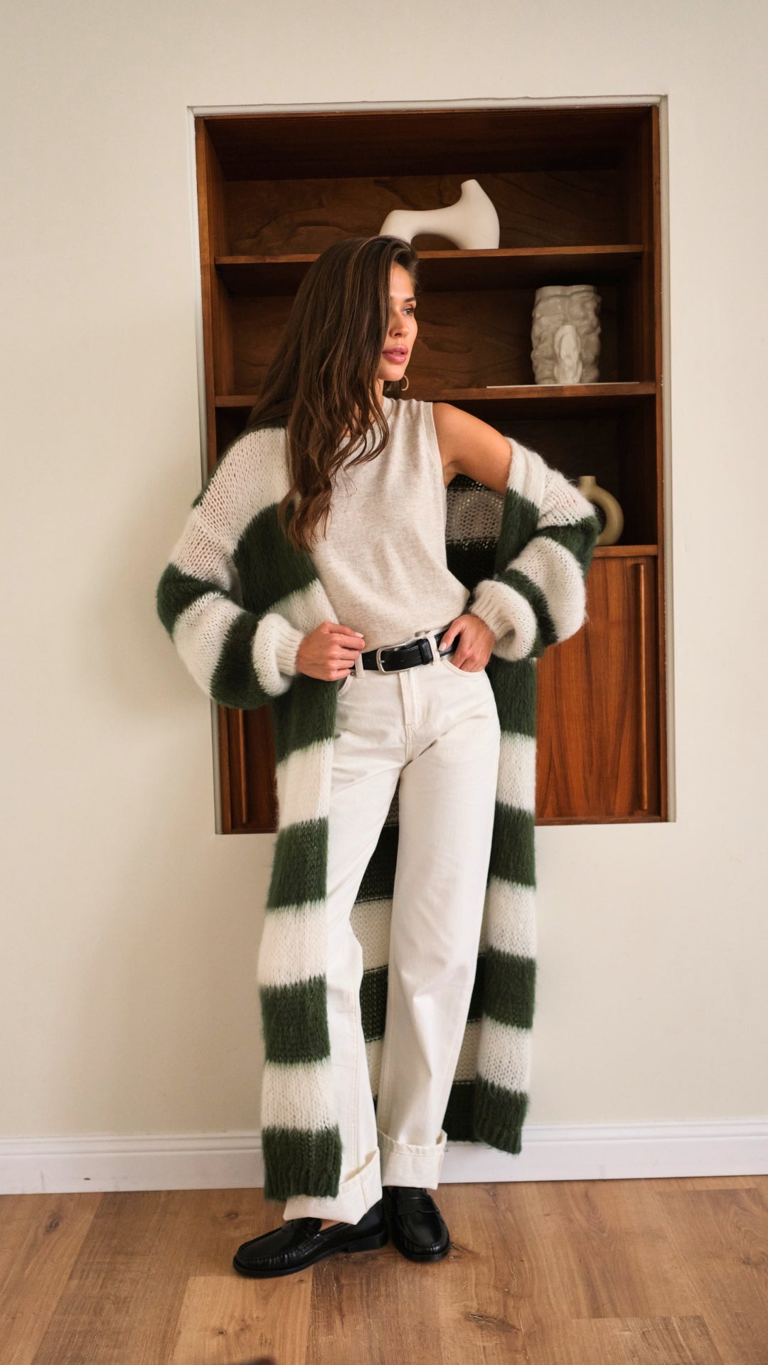 Kay Cardigan - Khaki Off - White Stripes