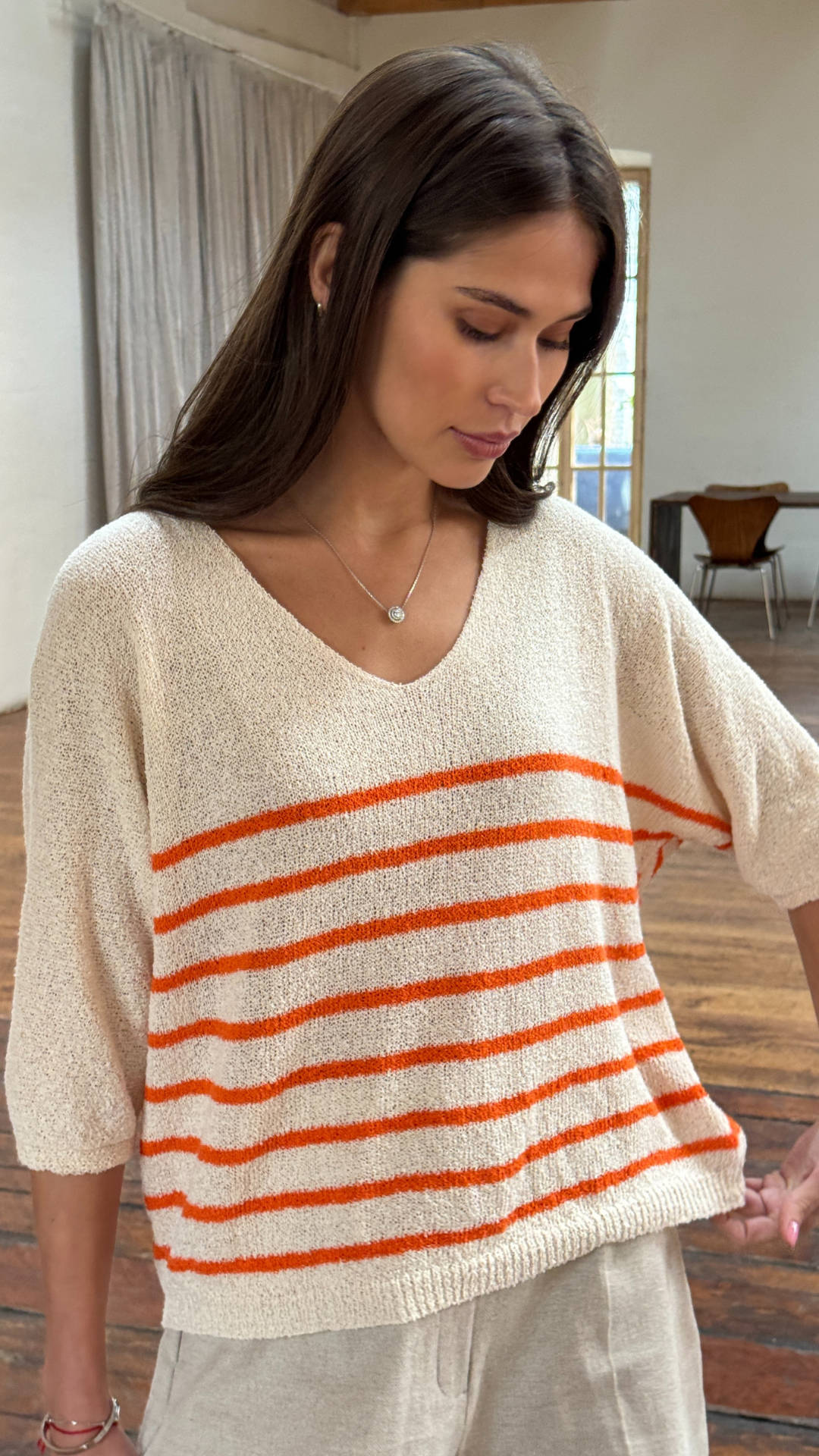 Grace Bouclé Tee - Ecru Tangerine Stripes