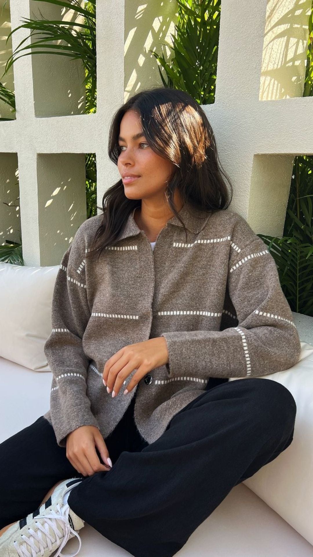 Clara Contrast Stitch Cardigan - Sand Ivory