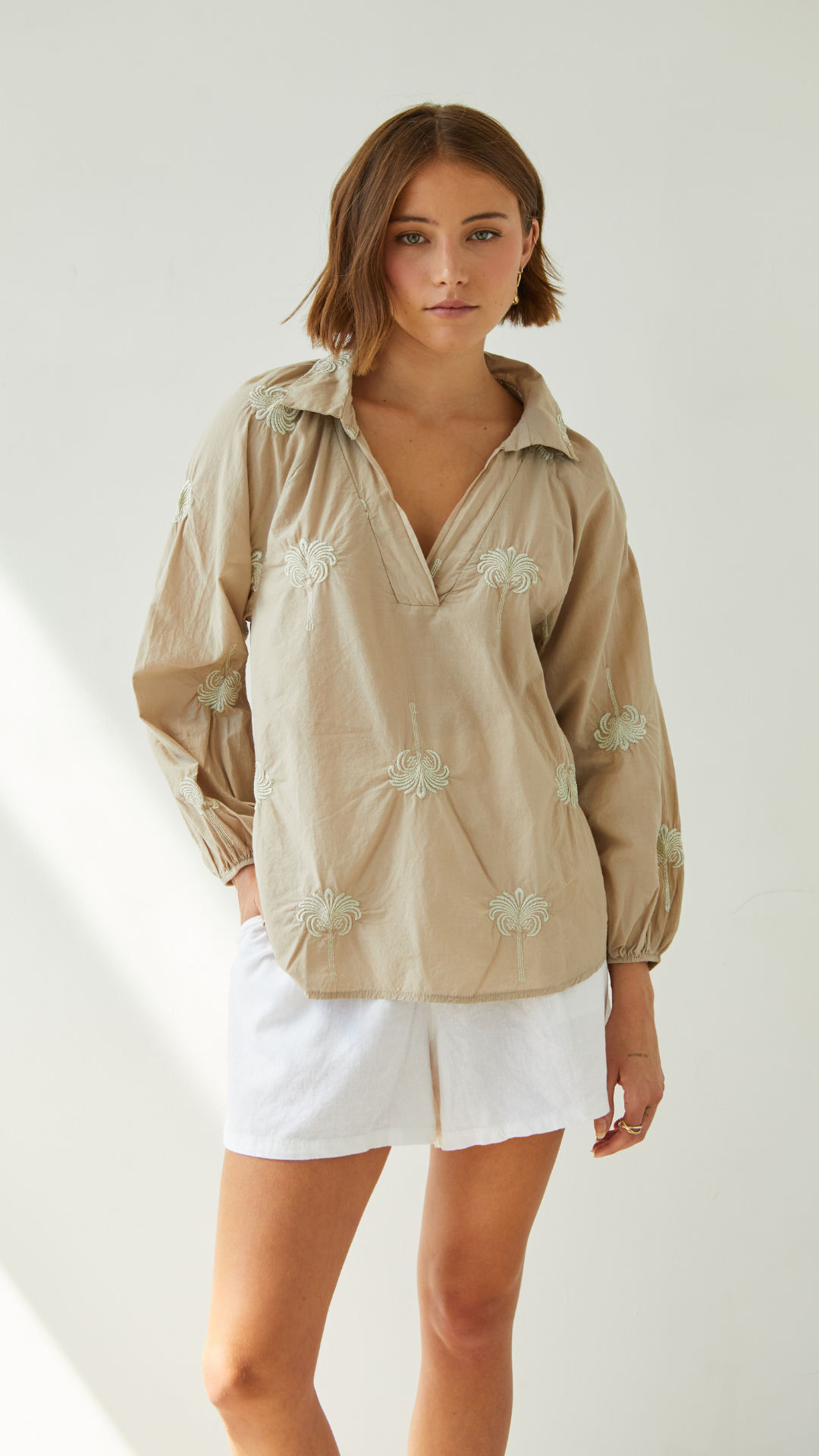 Mirelle Embroidered Top - Light Taupe