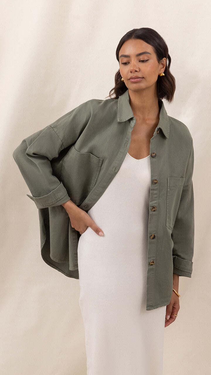 Wyatt Cotton Twill Overshirt - Khaki