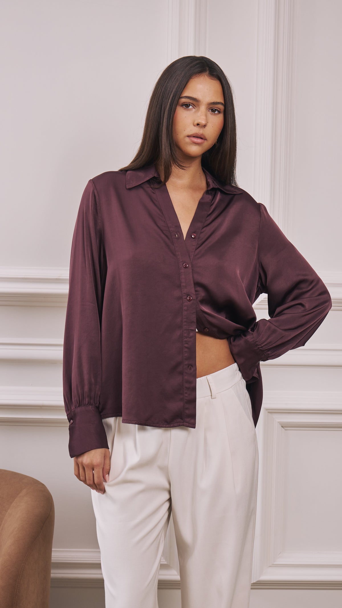 Raye Satin Shirt - Burgundy