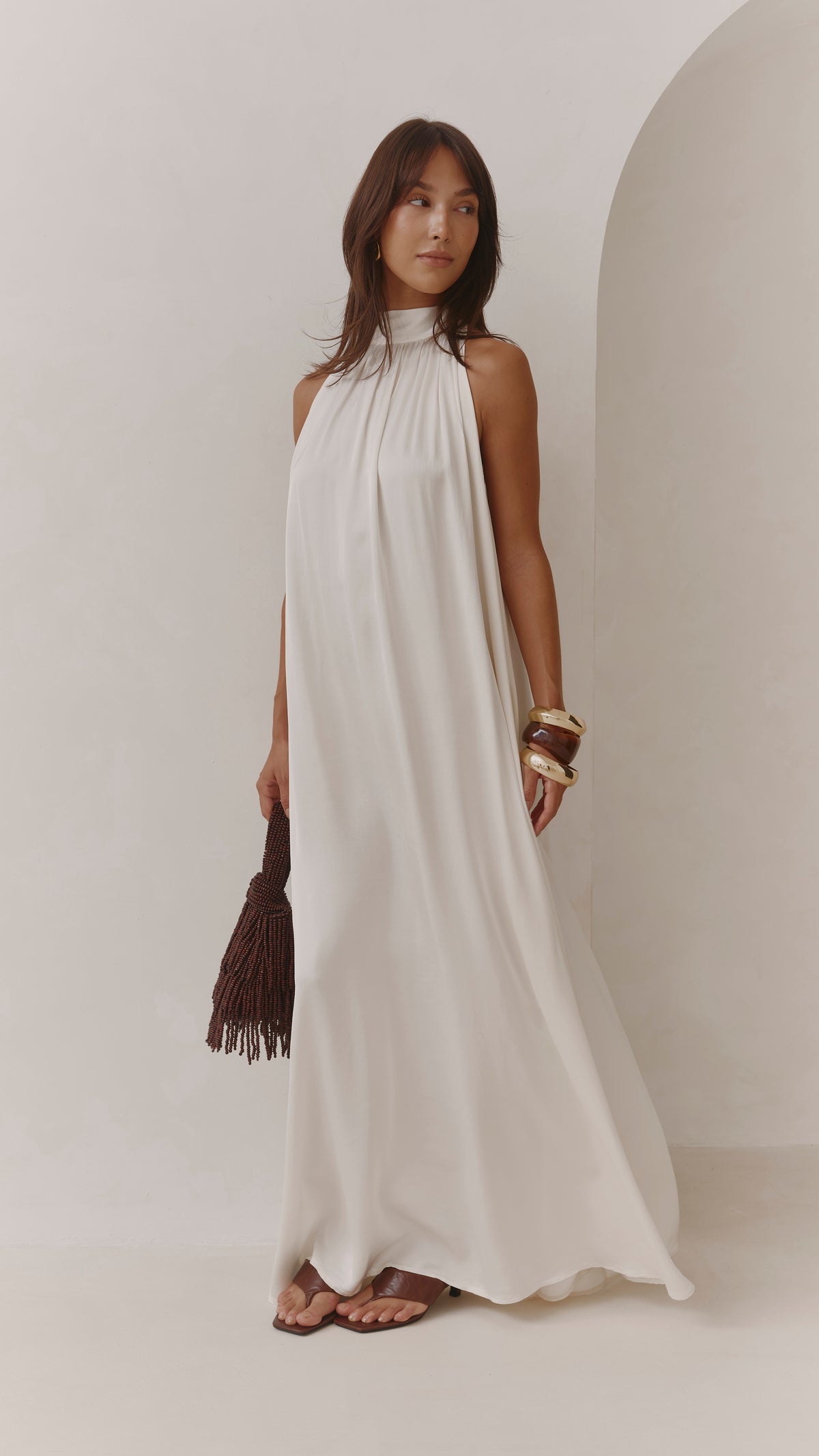 Everly Column Satin Dress - Oyster