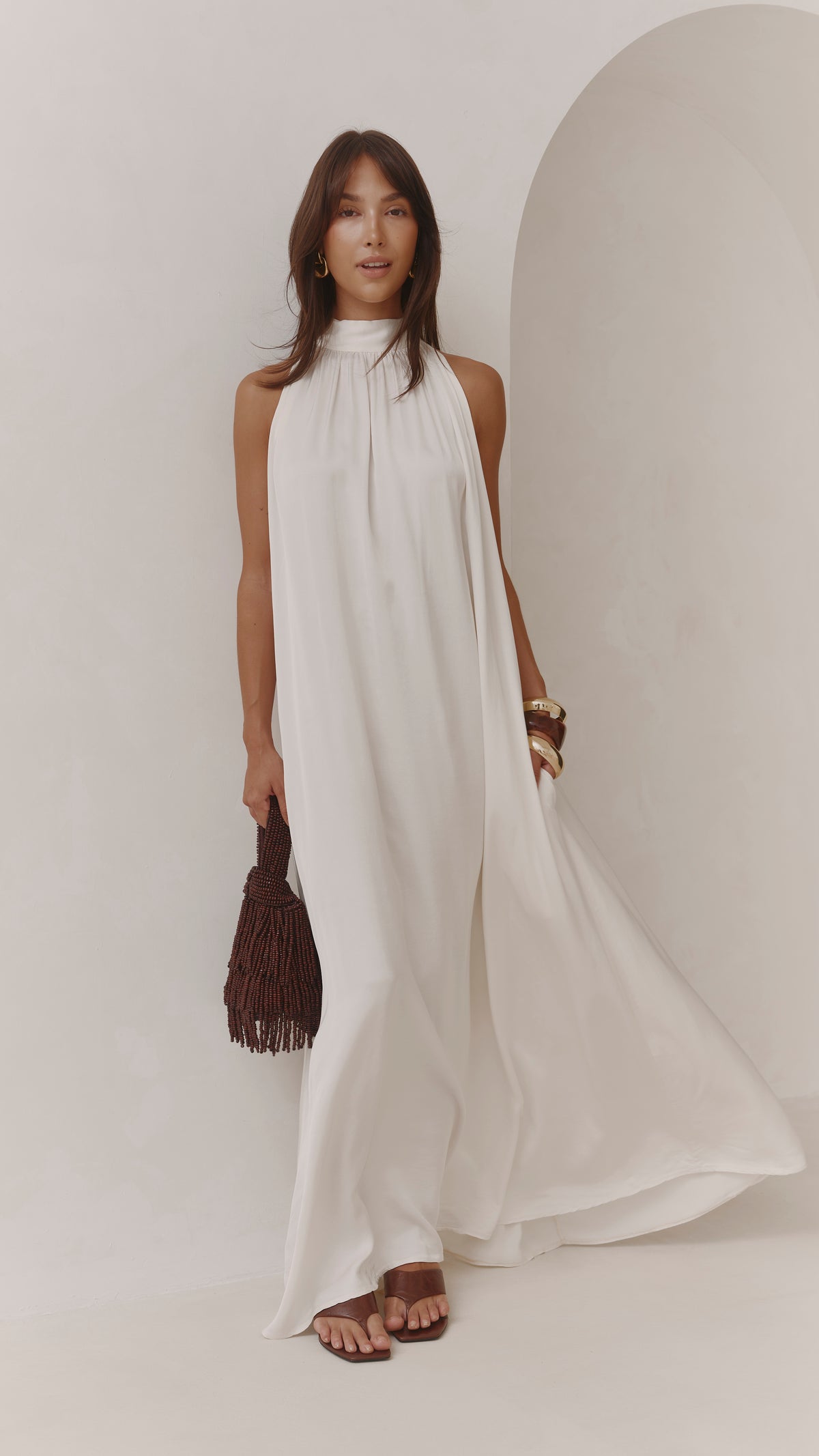 Everly Column Satin Dress - Oyster