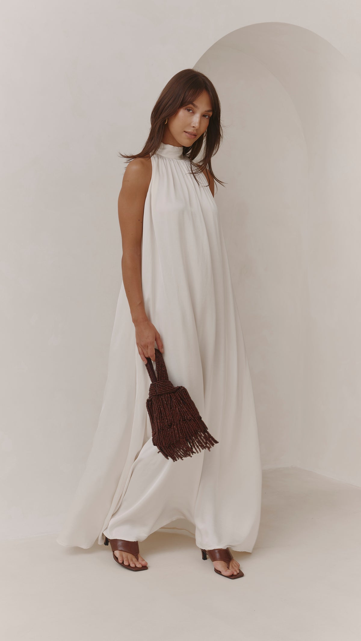 Everly Column Satin Dress - Oyster