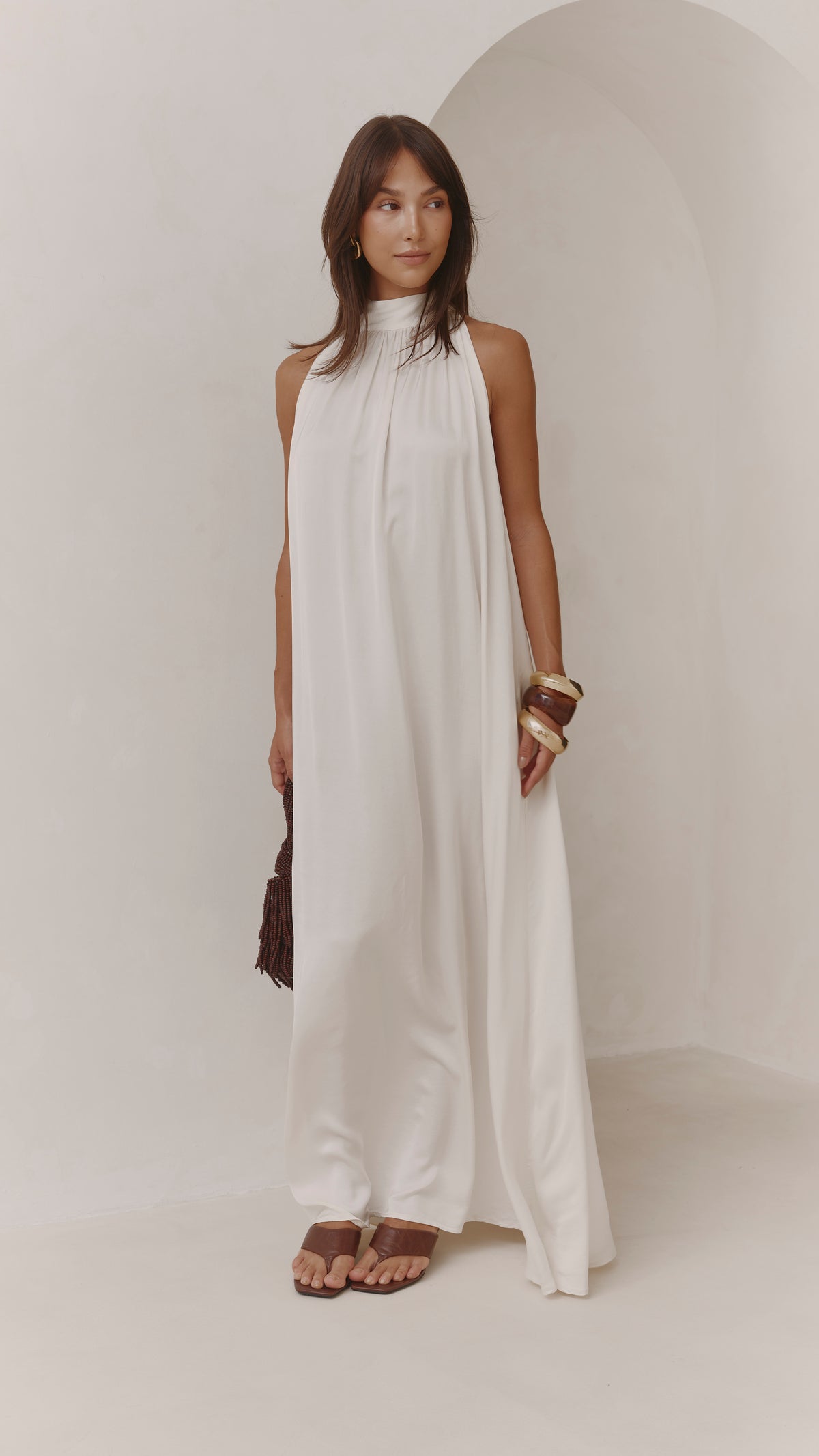 Everly Column Satin Dress - Oyster
