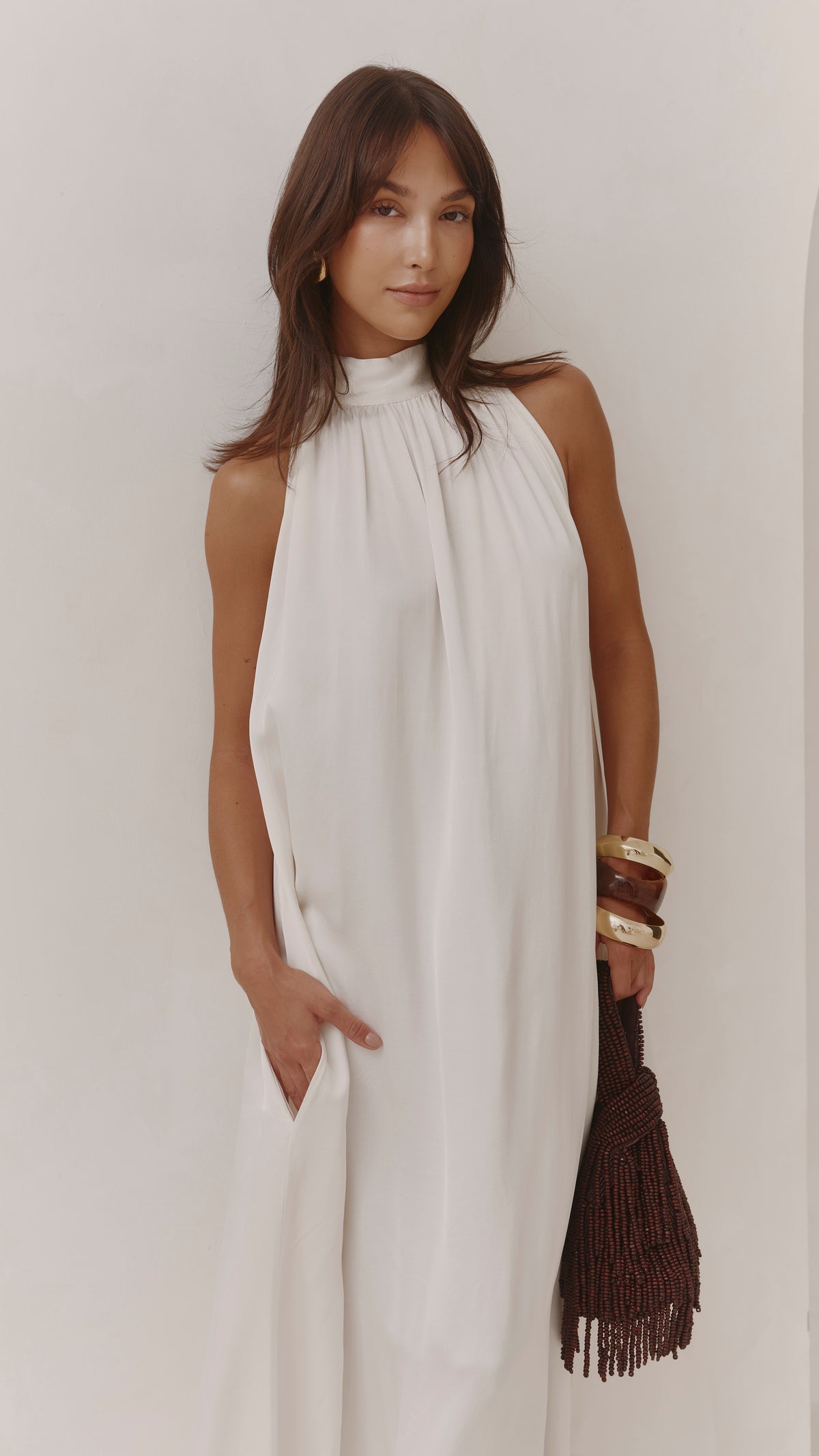 Everly Column Satin Dress - Oyster