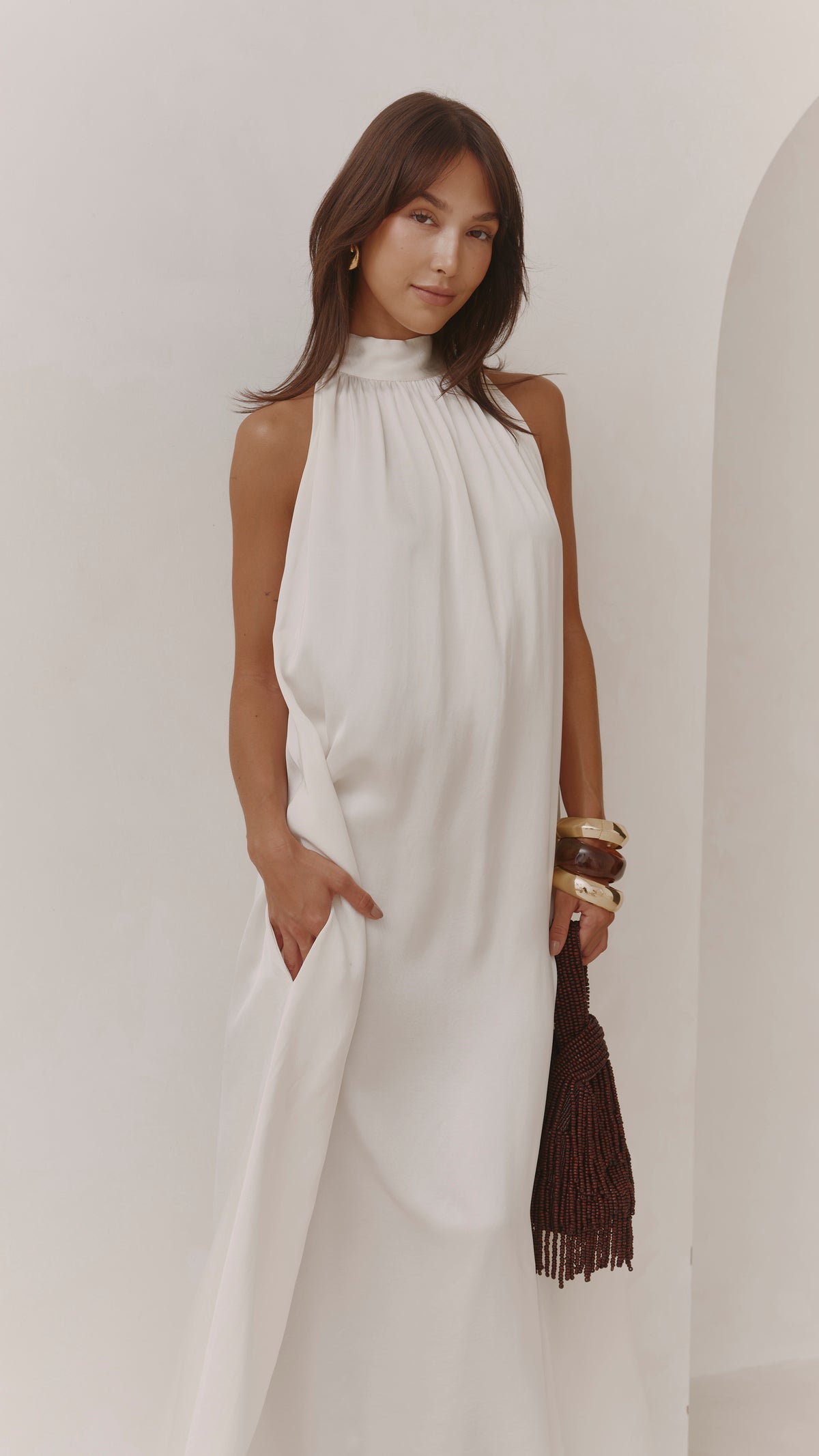 Everly Column Satin Dress - Oyster