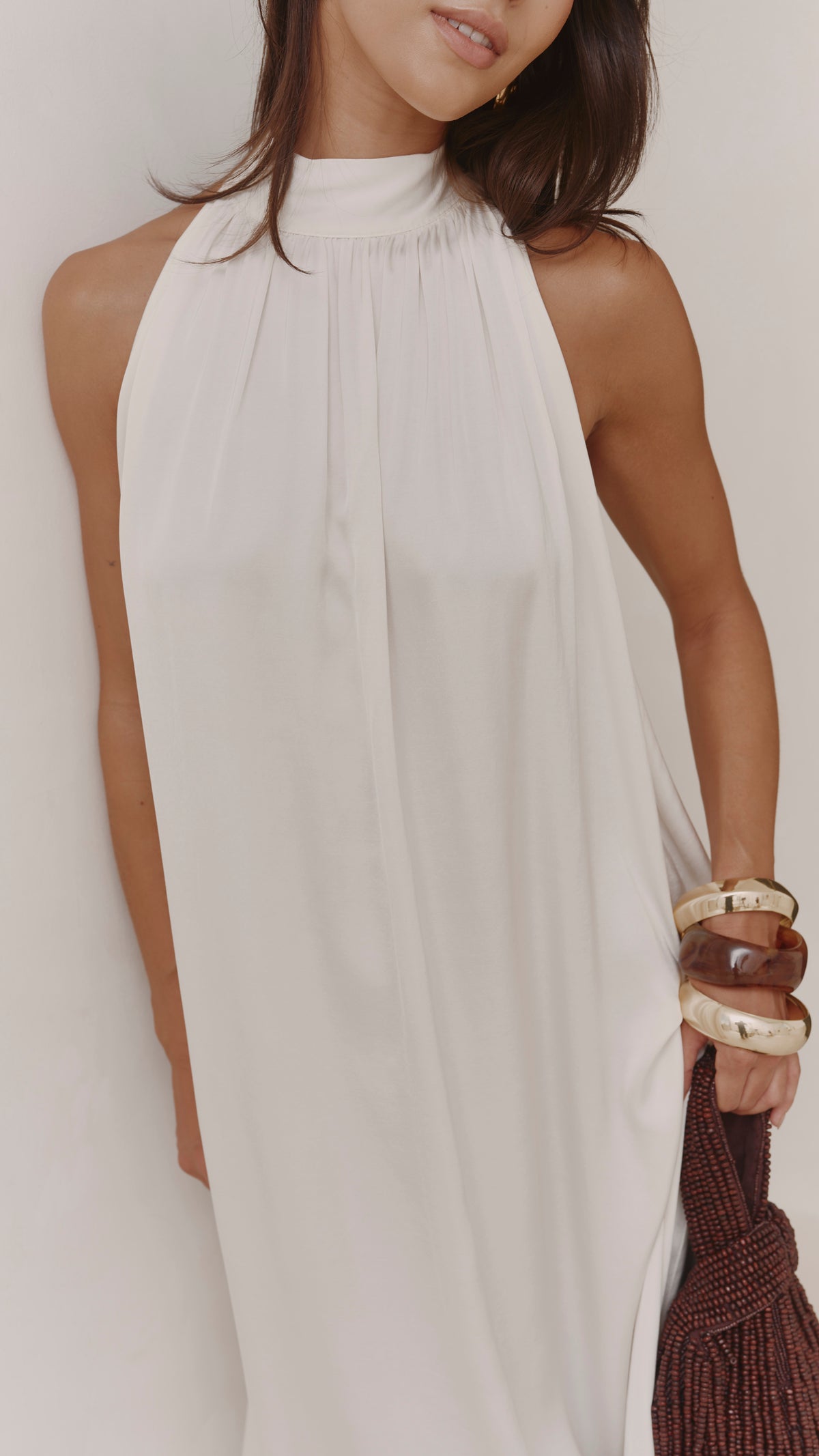 Everly Column Satin Dress - Oyster