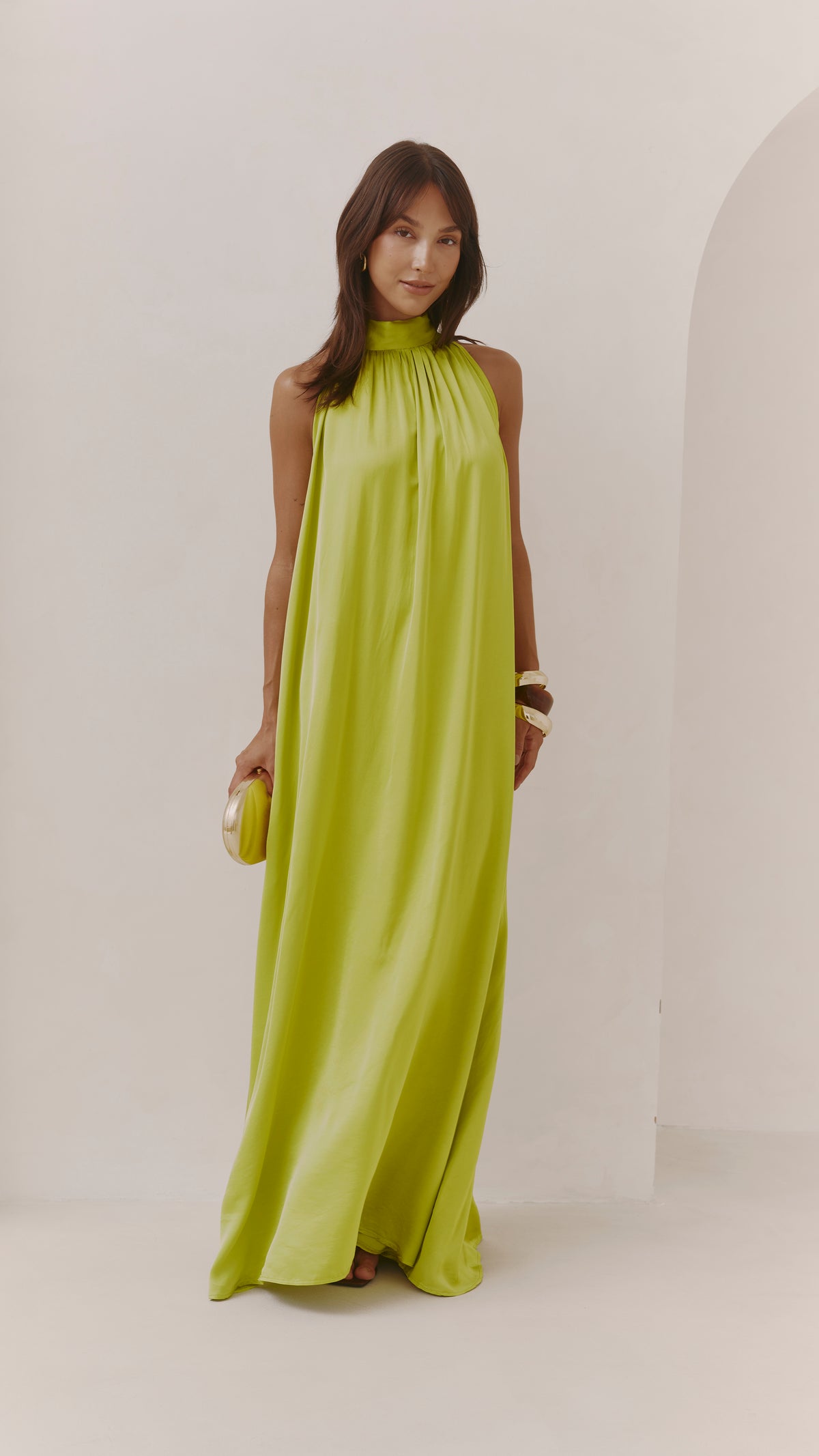 Everly Column Satin Dress - Chartreuse