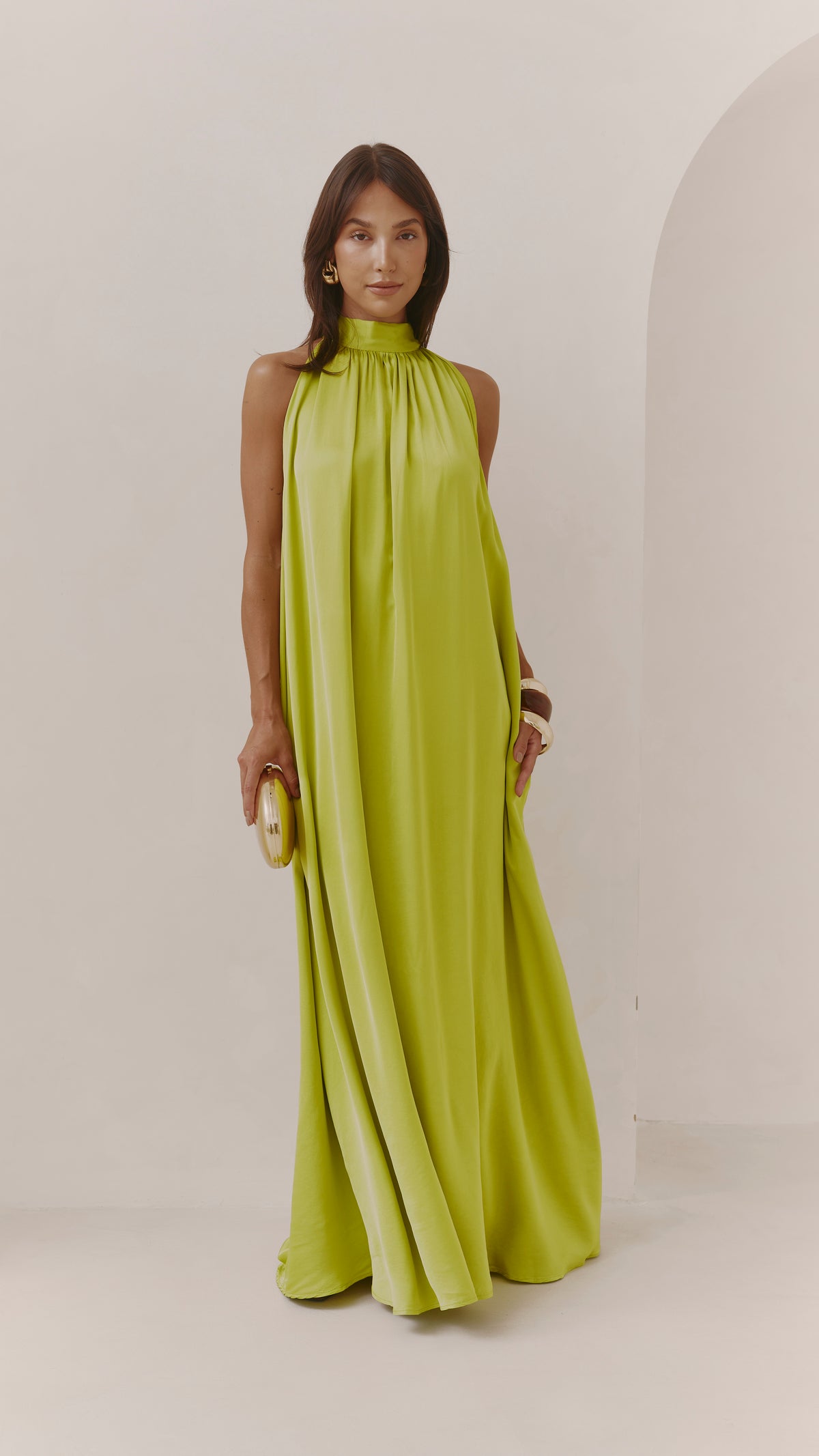 Everly Column Satin Dress - Chartreuse