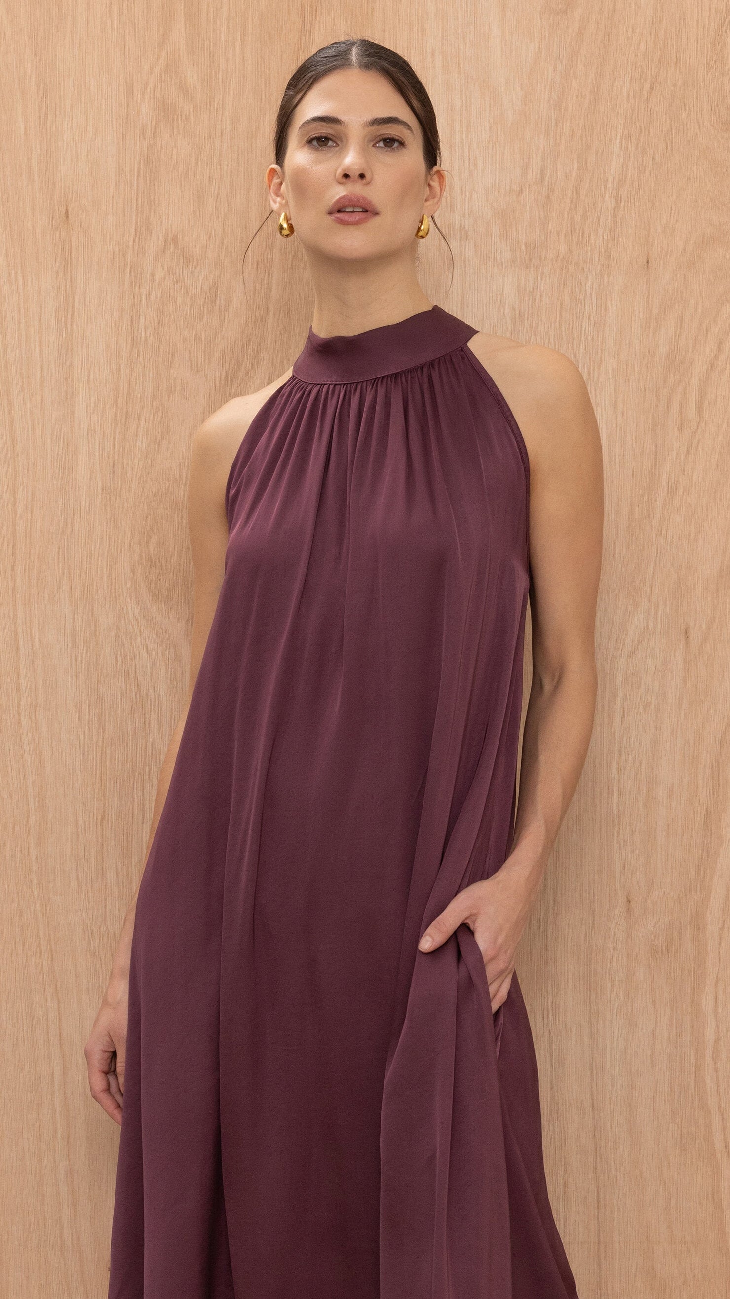 Everly Column Satin Dress - Burgundy