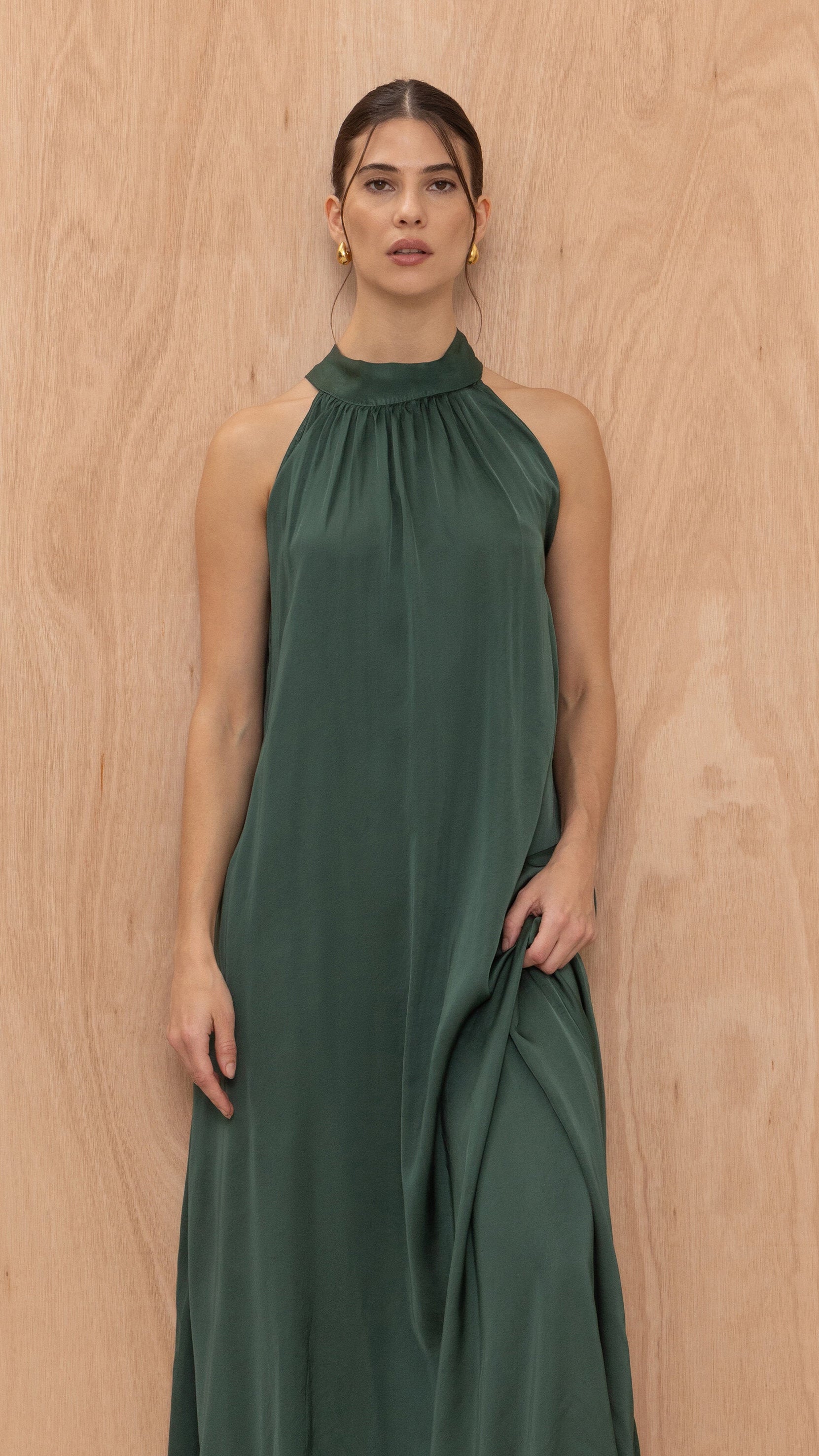 Everly Column Satin Dress - Emerald Green