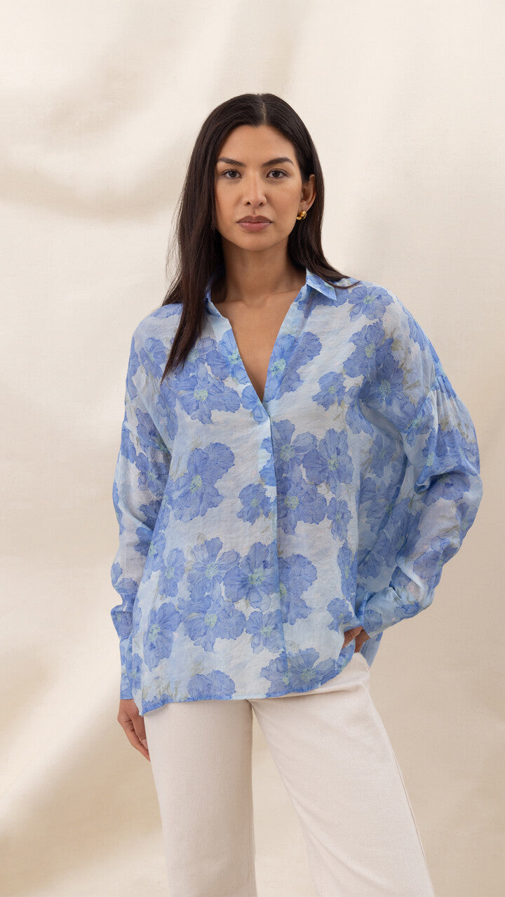 Libby Printed Shirt - Azure Flower Print