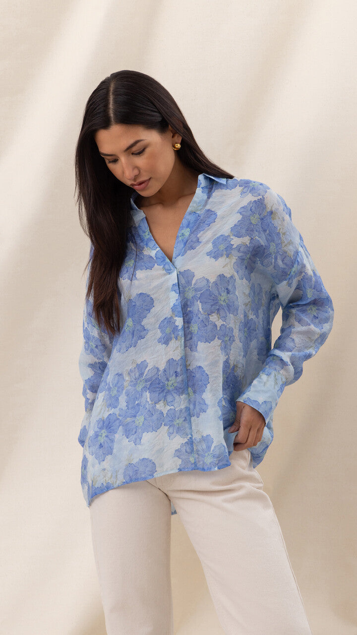 Libby Printed Shirt - Azure Flower Print