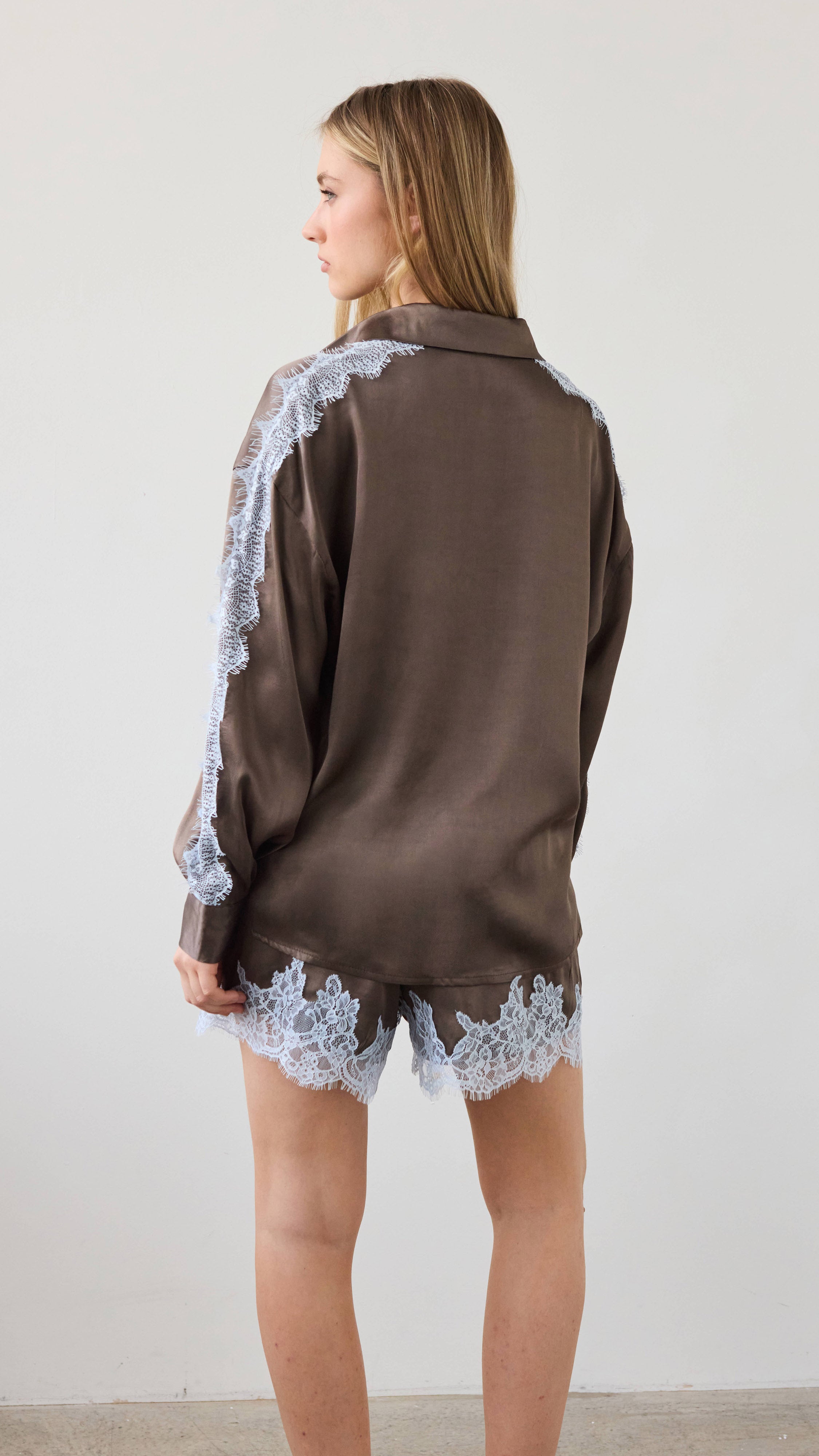 Cosima Satin Lace Shirt - Chocolate