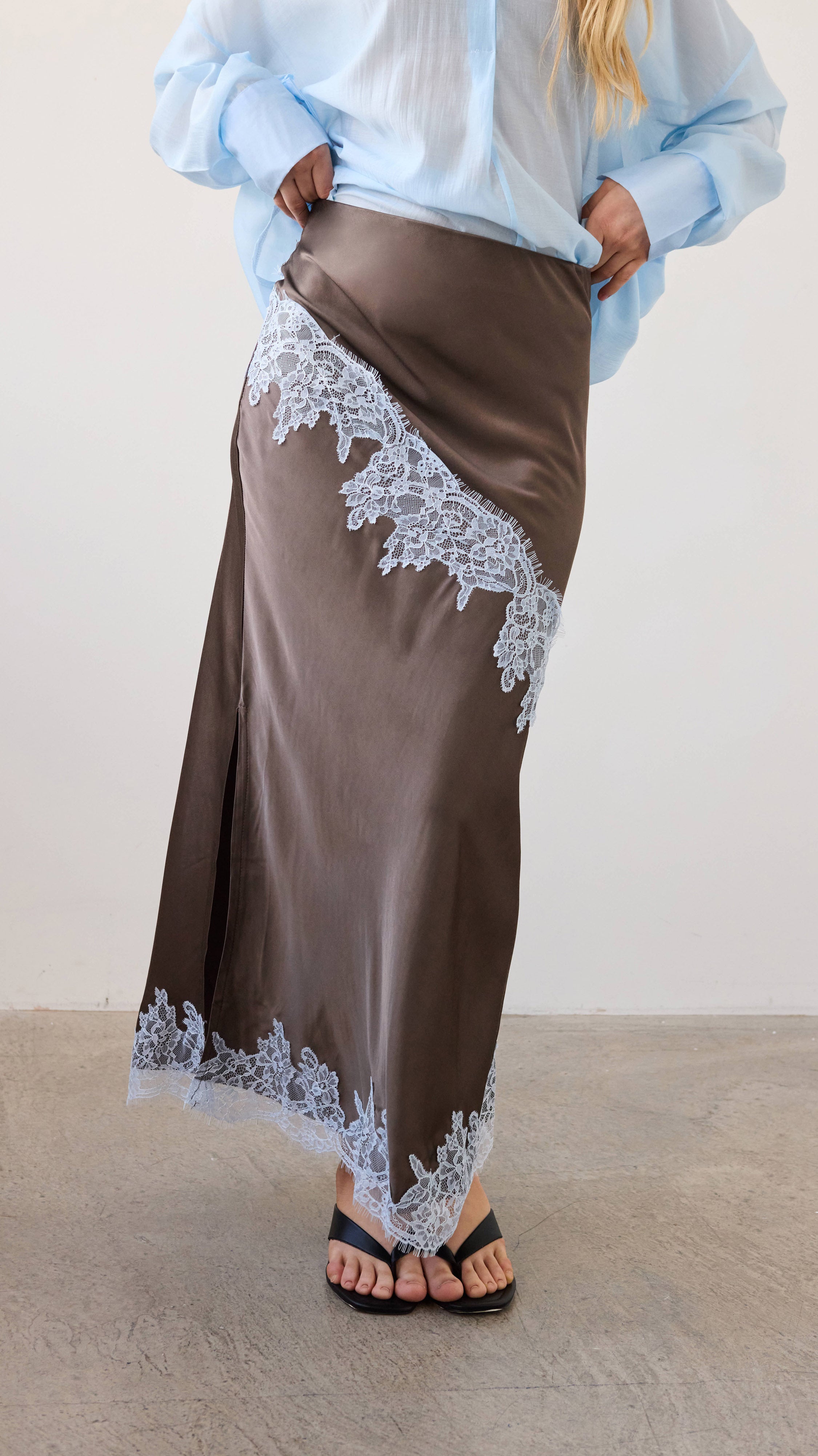 Amara Satin Lace Skirt - Chocolate