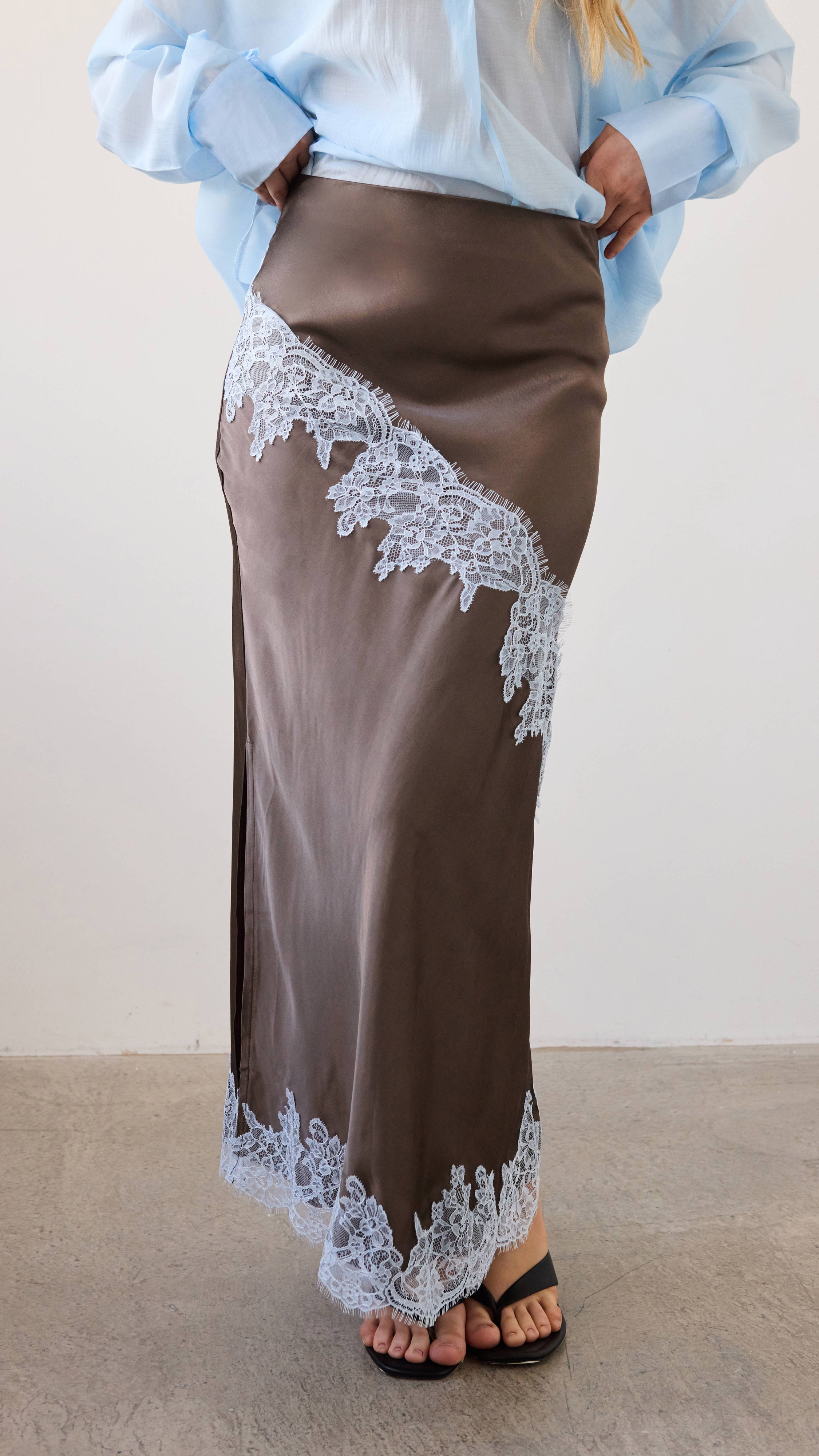 Amara Satin Lace Skirt - Chocolate