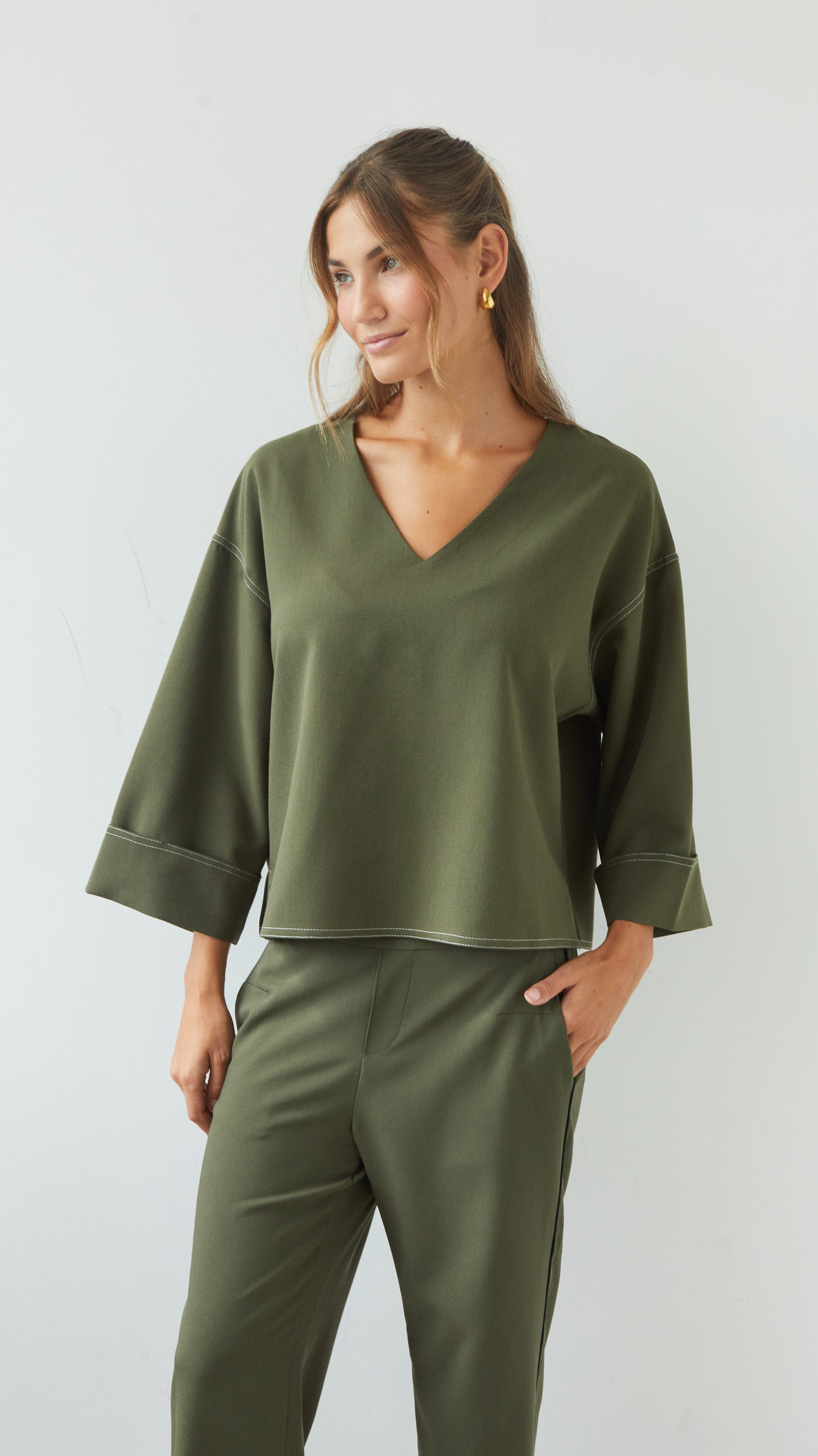 Olina V-Neck Crepe Top - Khaki