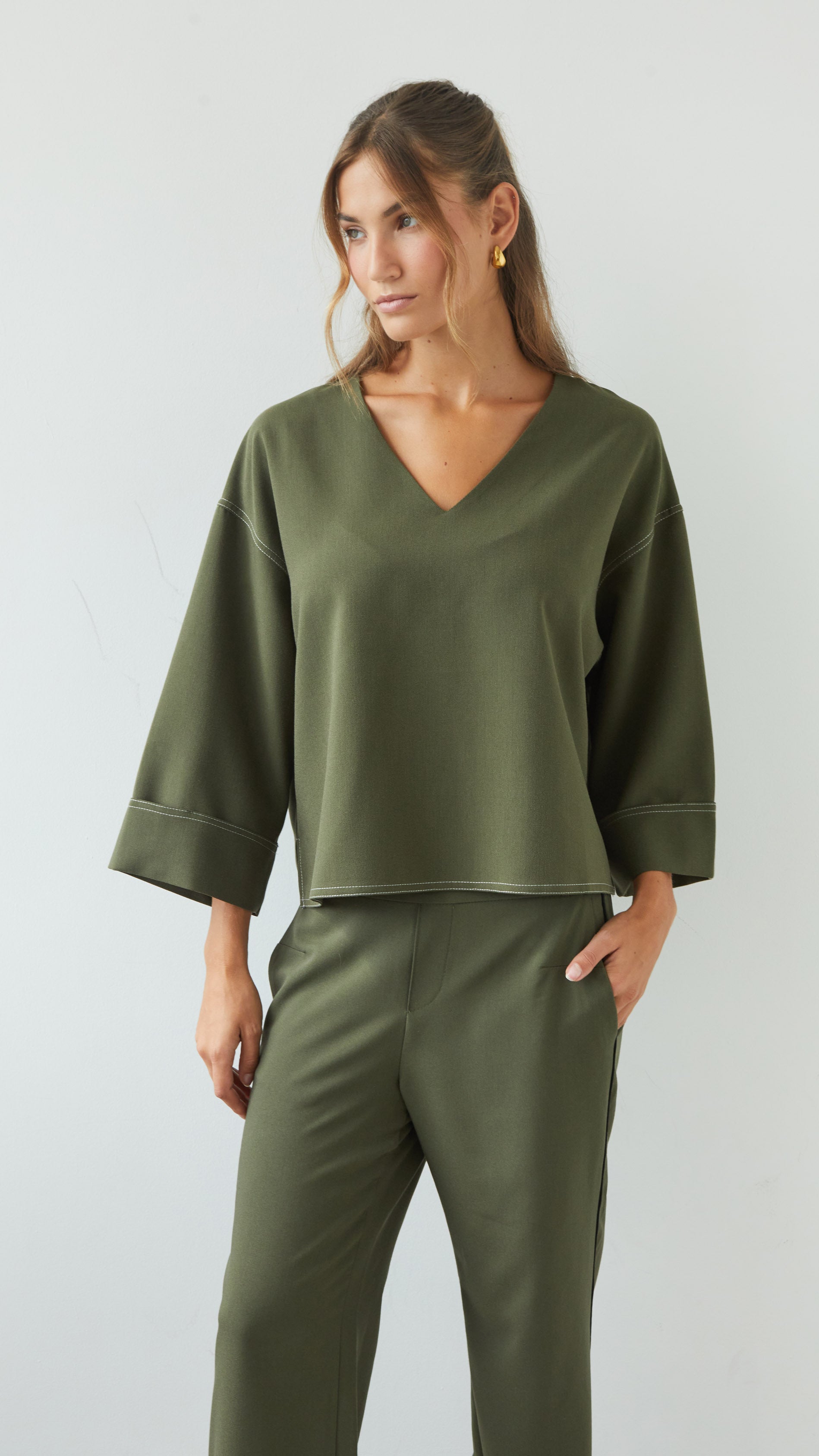 Olina V-Neck Crepe Top  - Khaki