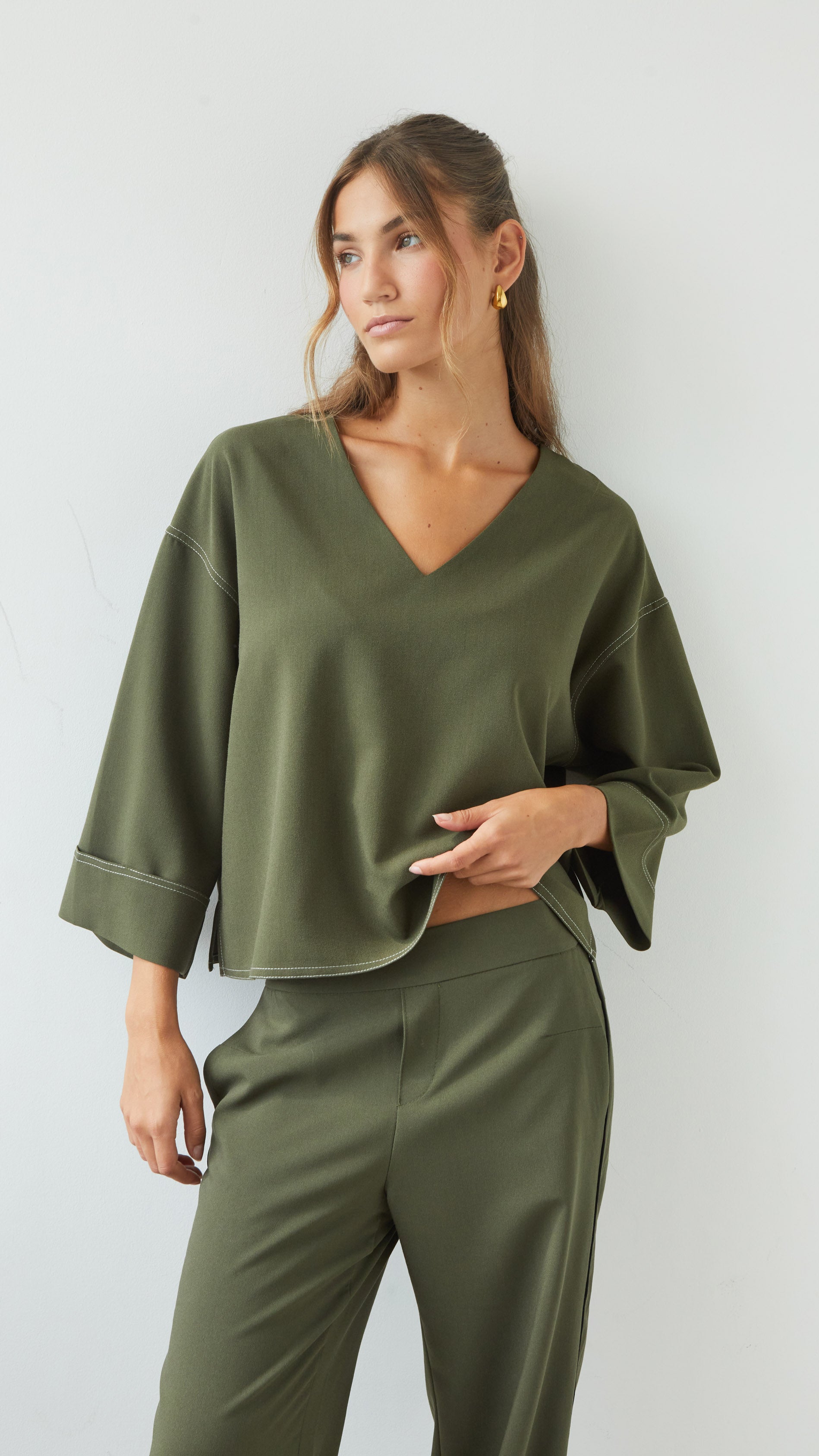 Olina V-Neck Crepe Top - Khaki