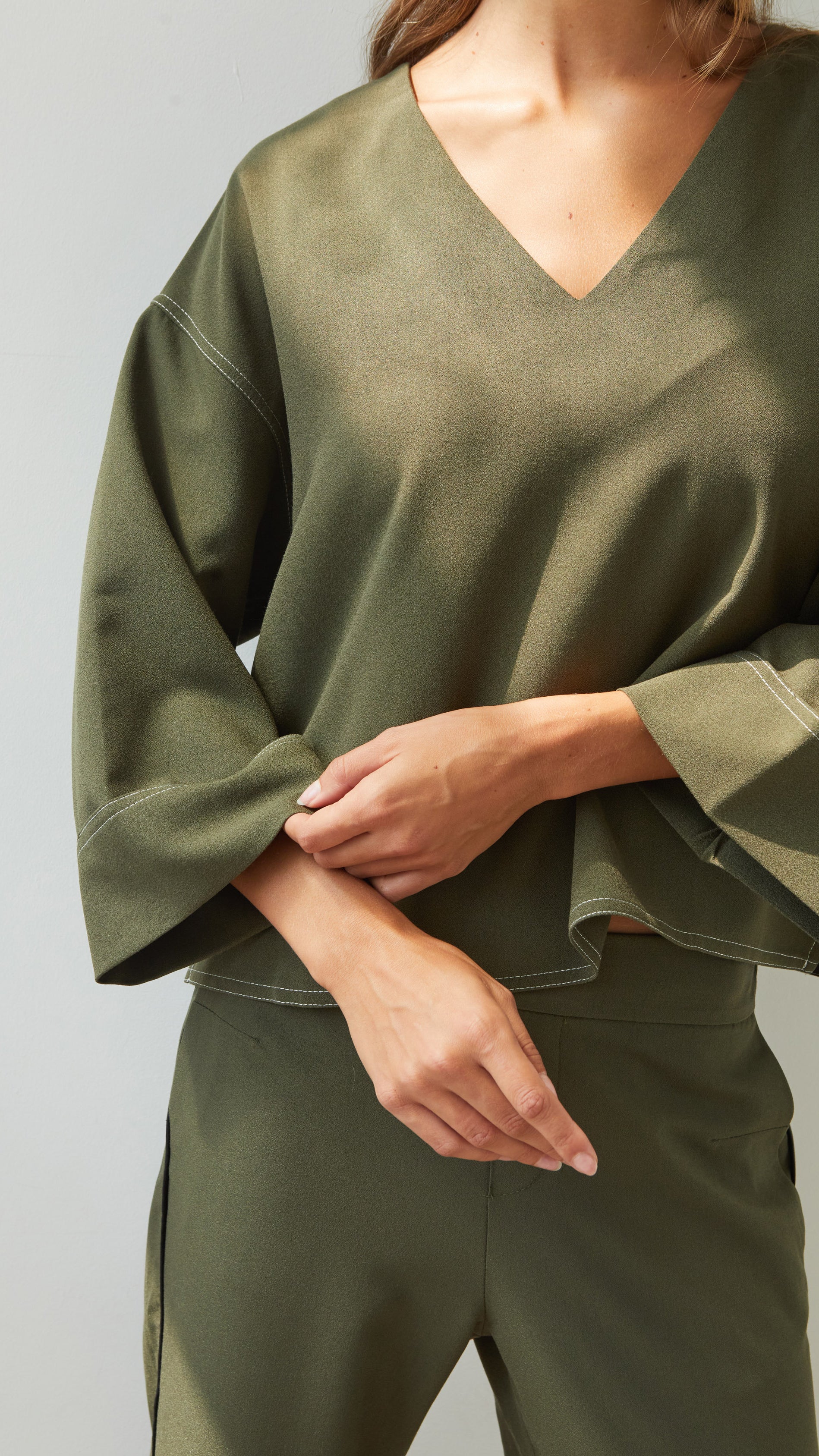 Olina V-Neck Crepe Top - Khaki