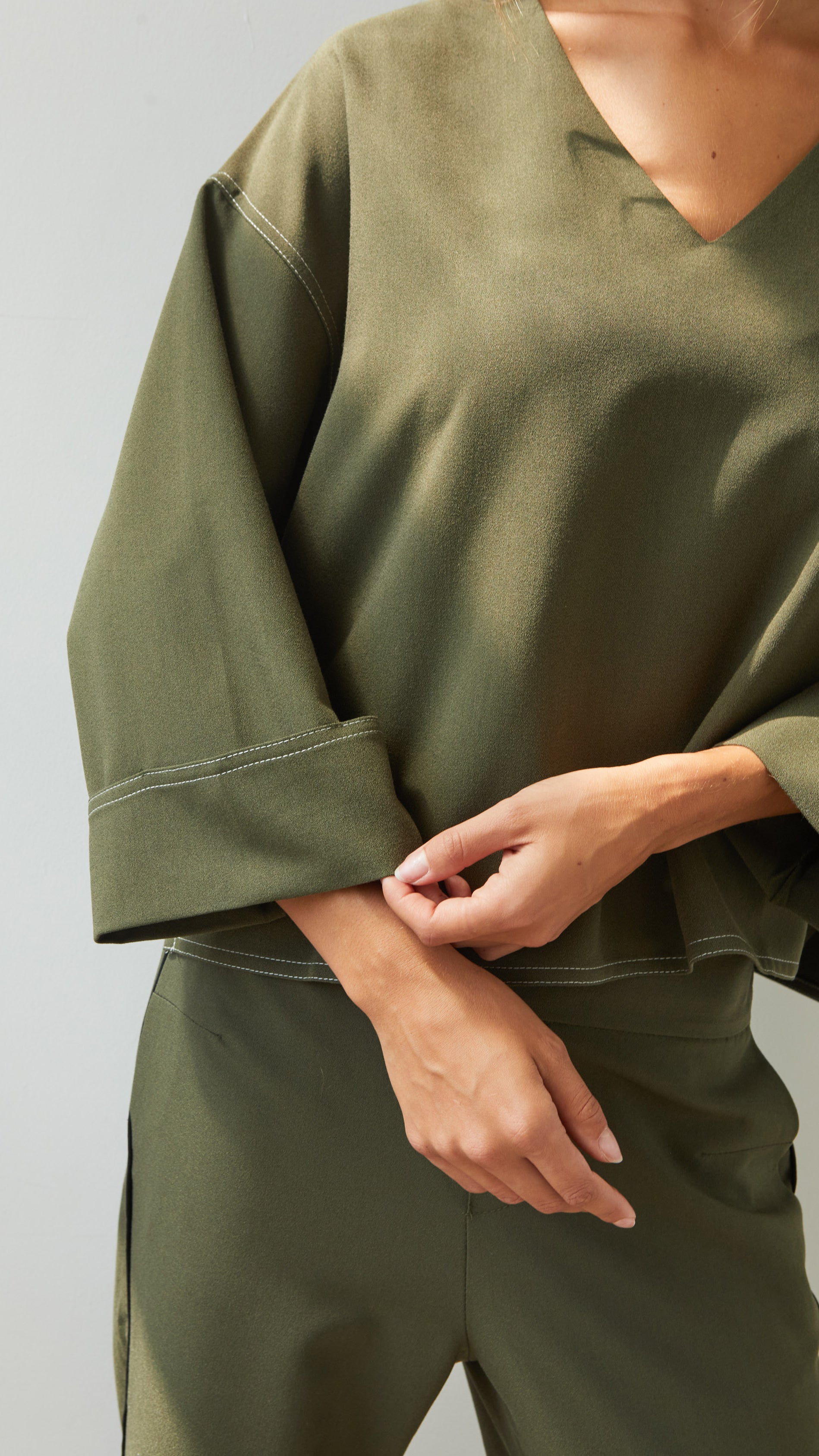Olina V-Neck Crepe Top - Khaki
