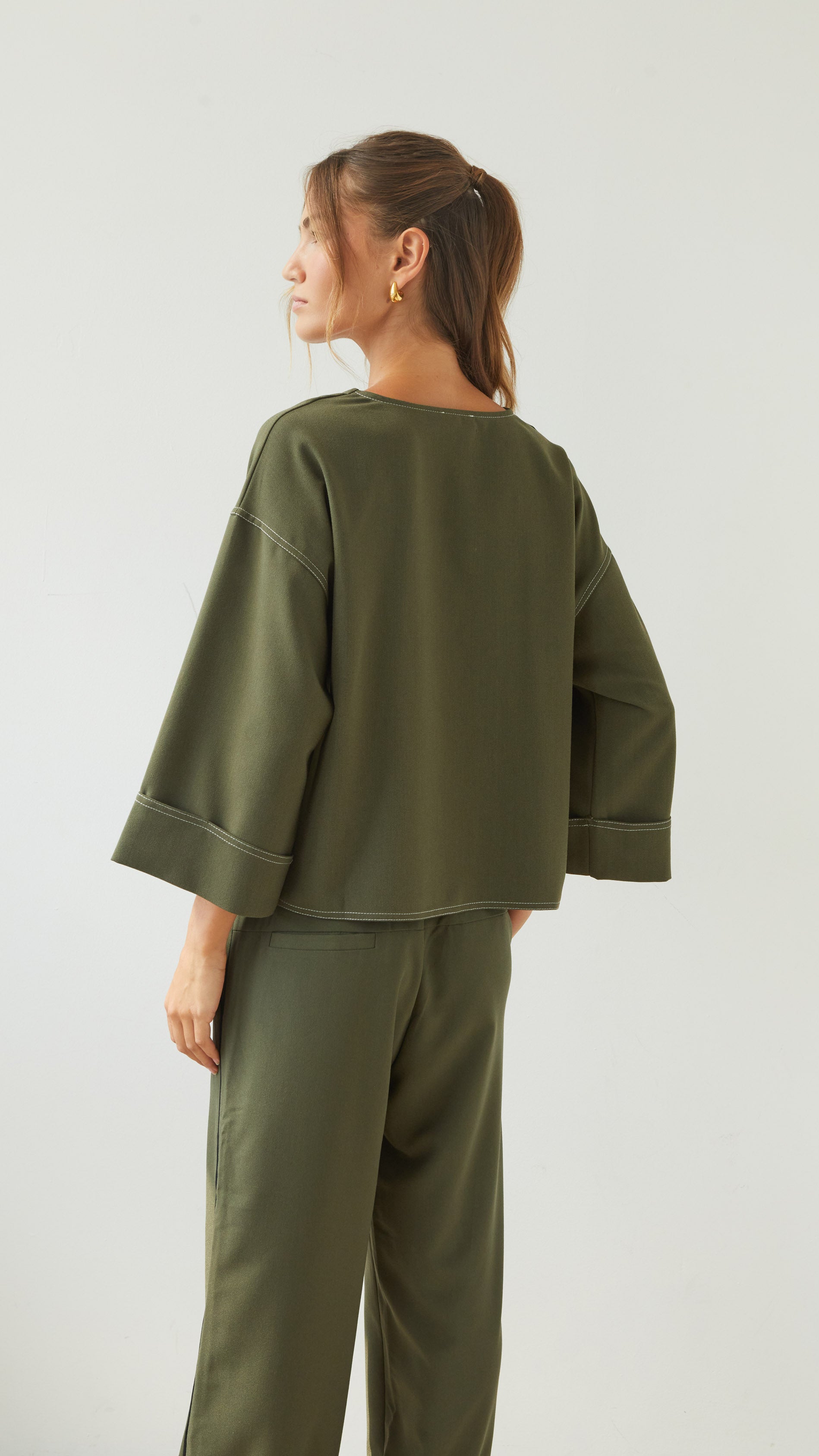 Olina V-Neck Crepe Top - Khaki