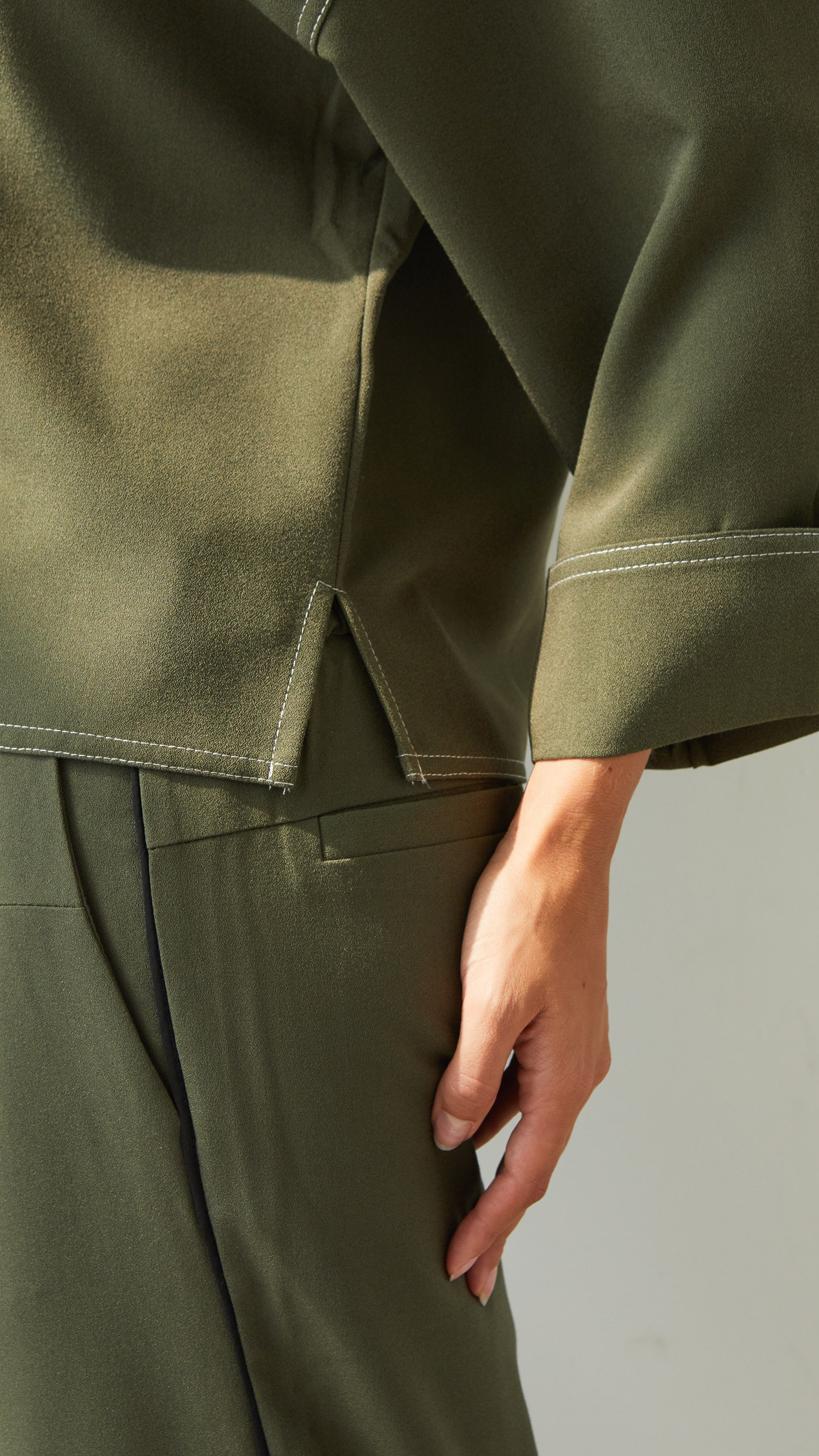 Olina V-Neck Crepe Top - Khaki