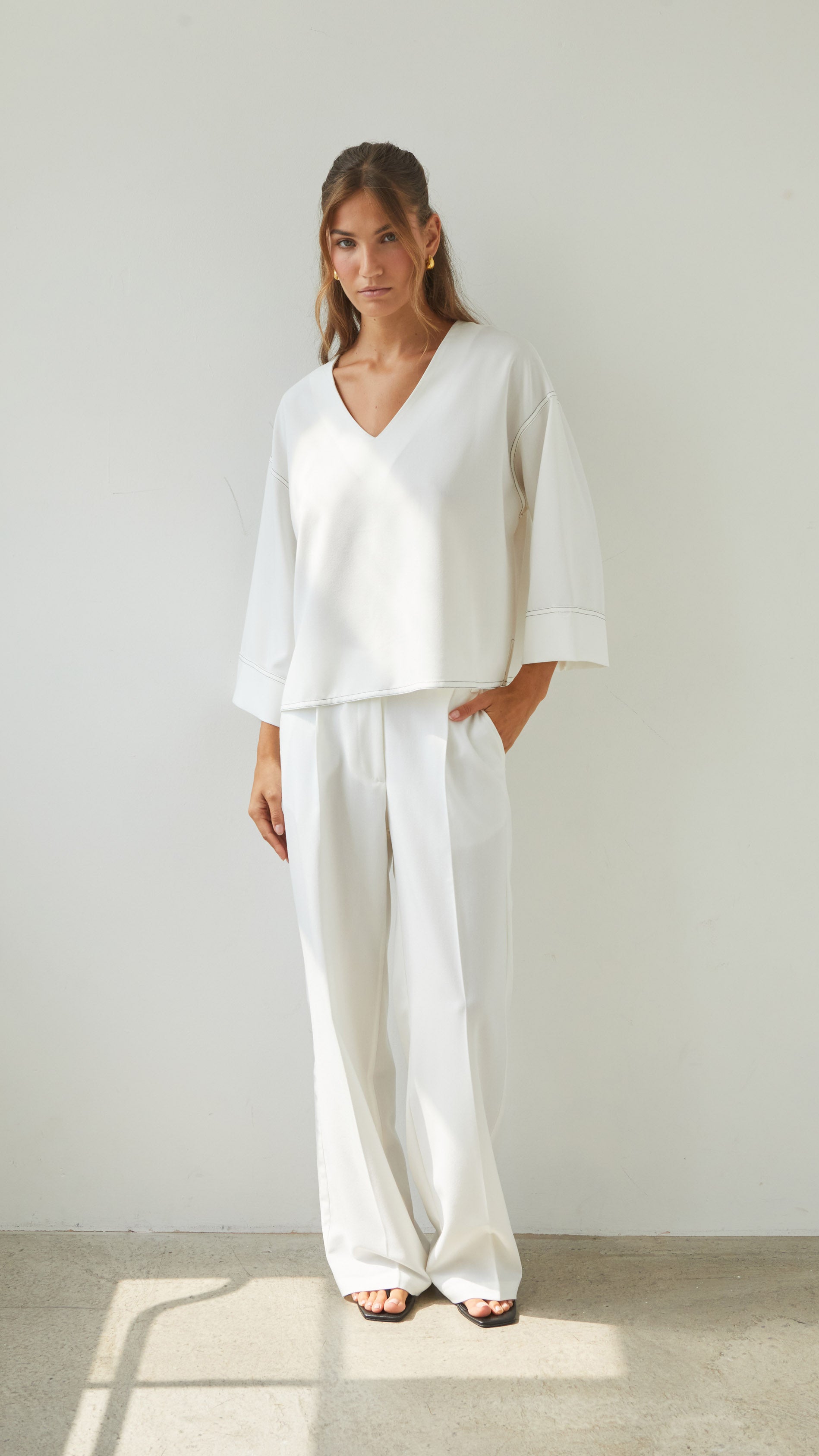 Olina V-Neck Crepe Top - White