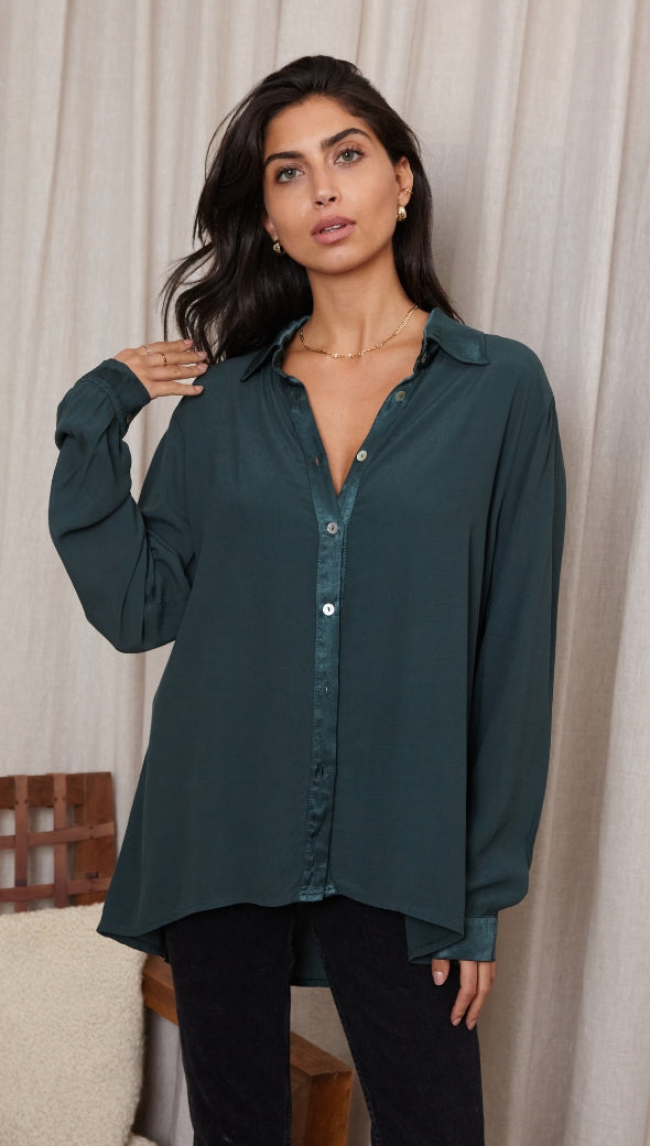 Romy Satin Crepe Shirt - Emerald