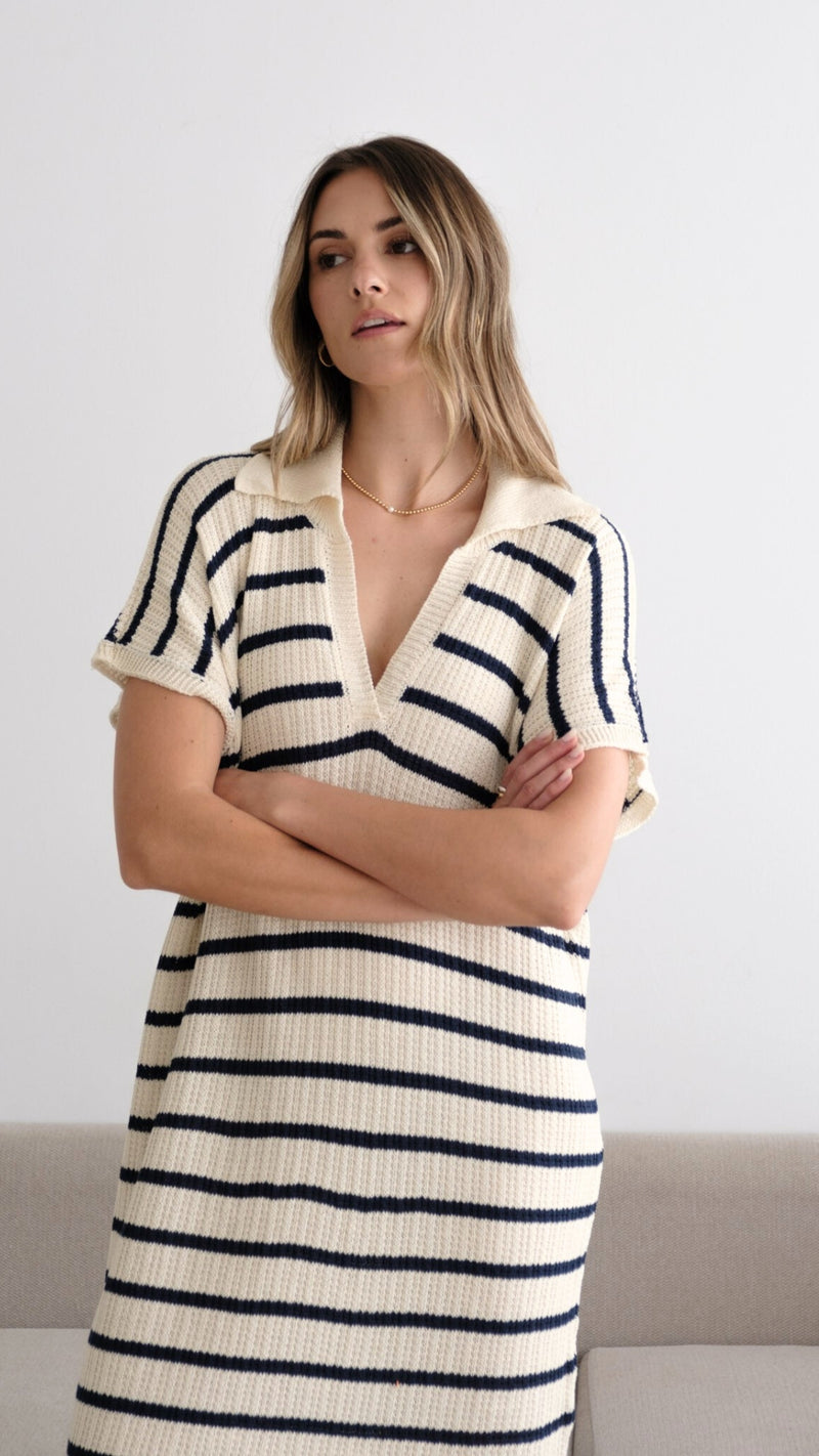 ERIN KNIT DRESS - ECRU NAVY STRIPES