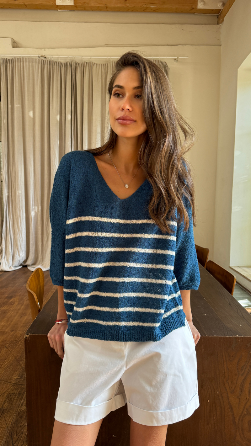 GRACE BOUCLÉ TEE - BLUE ECRU STRIPES