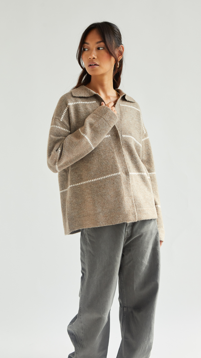 CLARA CONTRAST STITCH CARDIGAN - SAND IVORY