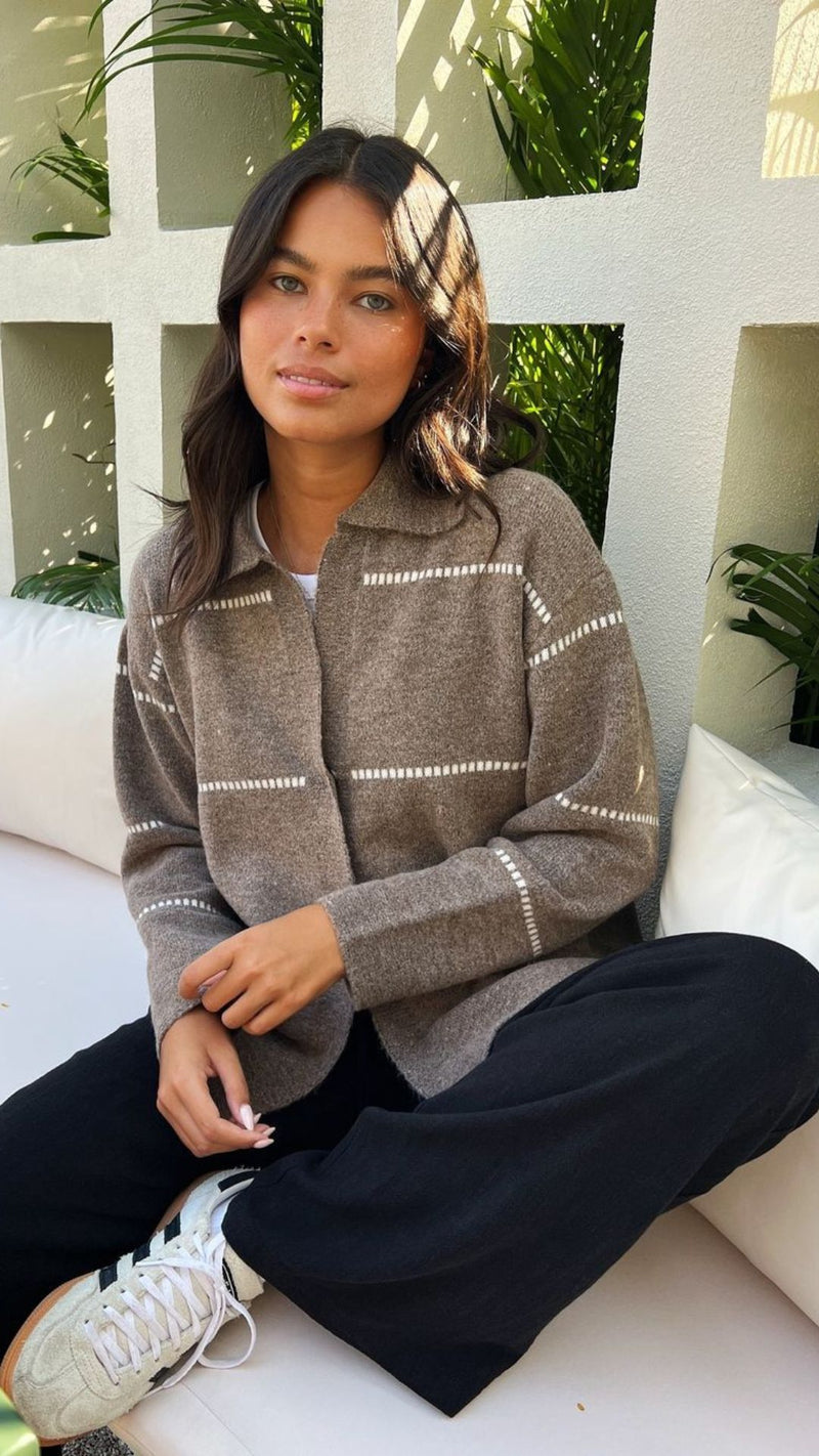 CLARA CONTRAST STITCH CARDIGAN - SAND IVORY